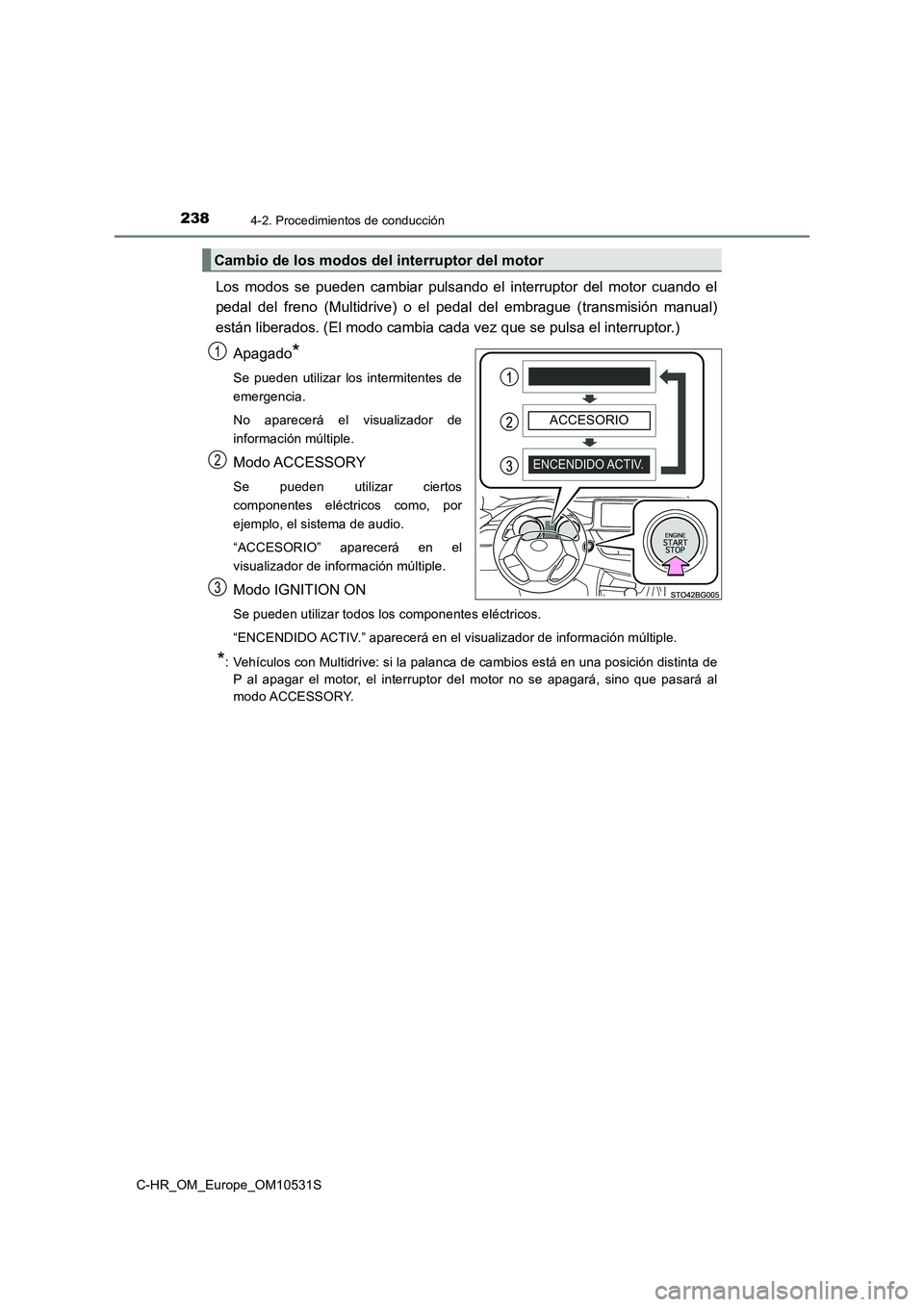 TOYOTA C-HR 2016 Manual del propietario (in Spanish) 2384-2. Procedimientos de conducción
C-HR_OM_Europe_OM10531S
Los modos se pueden cambiar pulsando el interruptor del motor cuando el
pedal del freno (Multidrive) o el pedal del embrague (transmisi TOYOTA C-HR 2016 Manual del propietario (in Spanish) 2384-2. Procedimientos de conducción
C-HR_OM_Europe_OM10531S
Los modos se pueden cambiar pulsando el interruptor del motor cuando el
pedal del freno (Multidrive) o el pedal del embrague (transmisi