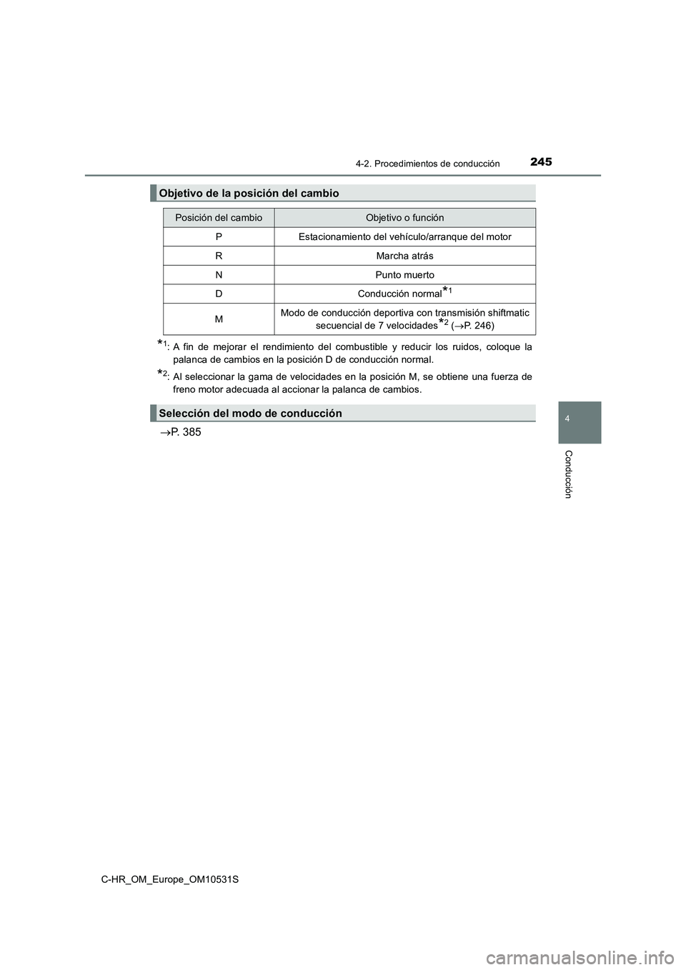 TOYOTA C-HR 2016 Manual del propietario (in Spanish) 2454-2. Procedimientos de conducción
4
Conducción
C-HR_OM_Europe_OM10531S
*1: A fin de mejorar el rendimiento del combustible y reducir los ruidos, coloque la
palanca de cambios en la posición D d TOYOTA C-HR 2016 Manual del propietario (in Spanish) 2454-2. Procedimientos de conducción
4
Conducción
C-HR_OM_Europe_OM10531S
*1: A fin de mejorar el rendimiento del combustible y reducir los ruidos, coloque la
palanca de cambios en la posición D d