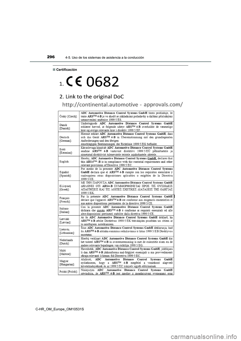 TOYOTA C-HR 2016  Manual del propietario (in Spanish) 2964-5. Uso de los sistemas de asistencia a la conducción
C-HR_OM_Europe_OM10531S
■Certificación 