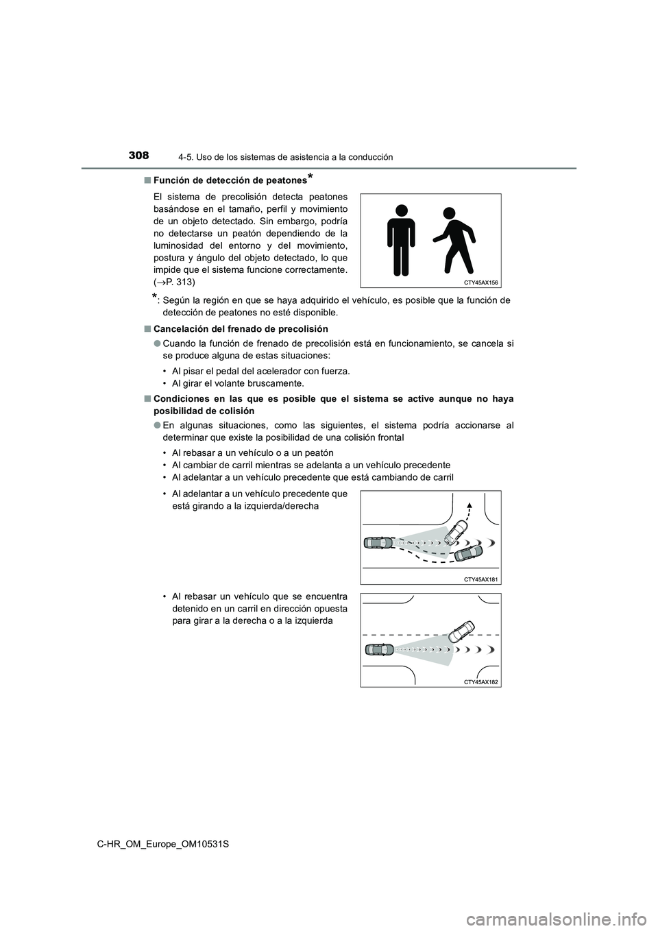TOYOTA C-HR 2016 Manual del propietario (in Spanish) 3084-5. Uso de los sistemas de asistencia a la conducción
C-HR_OM_Europe_OM10531S
■ Función de detección de peatones*
*: Según la región en que se haya adquirido el vehículo, es posible que TOYOTA C-HR 2016 Manual del propietario (in Spanish) 3084-5. Uso de los sistemas de asistencia a la conducción
C-HR_OM_Europe_OM10531S
■ Función de detección de peatones*
*: Según la región en que se haya adquirido el vehículo, es posible que