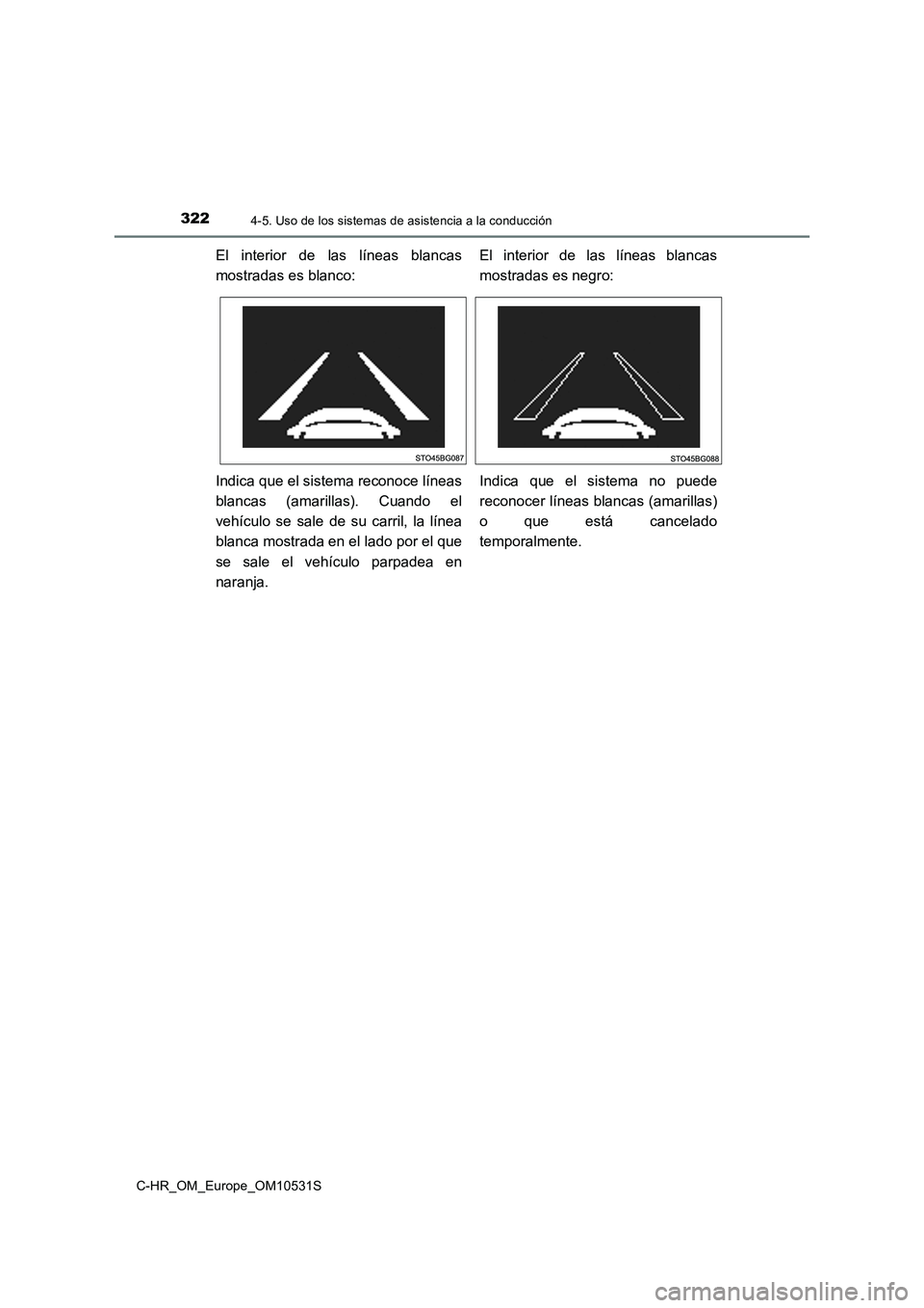 TOYOTA C-HR 2016  Manual del propietario (in Spanish) 3224-5. Uso de los sistemas de asistencia a la conducción
C-HR_OM_Europe_OM10531S
El interior de las líneas blancas 
mostradas es blanco: 
El interior de las líneas blancas 
mostradas es negro: 
In