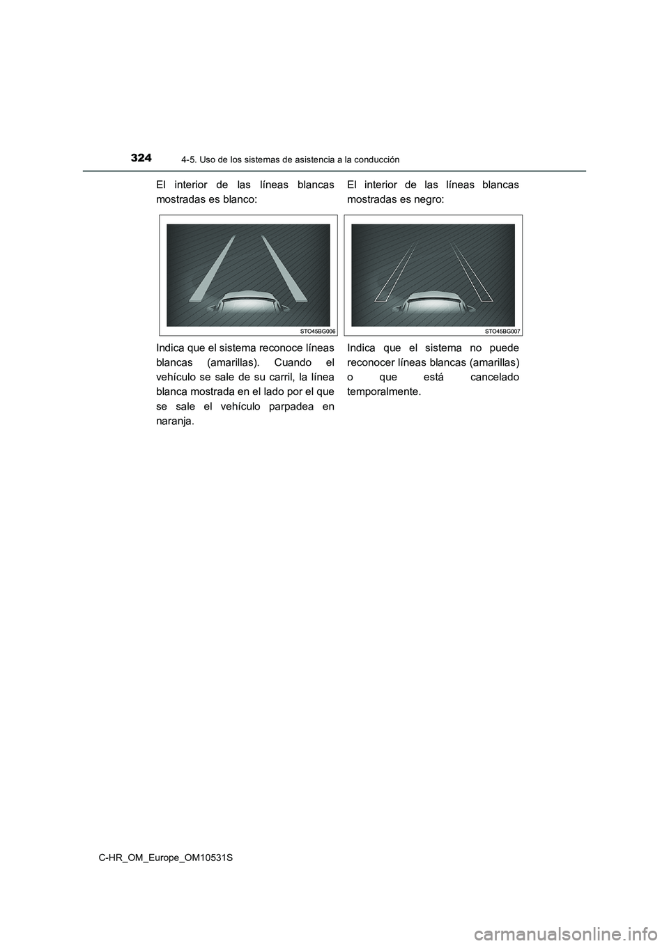 TOYOTA C-HR 2016  Manual del propietario (in Spanish) 3244-5. Uso de los sistemas de asistencia a la conducción
C-HR_OM_Europe_OM10531S
El interior de las líneas blancas 
mostradas es blanco: 
El interior de las líneas blancas 
mostradas es negro: 
In