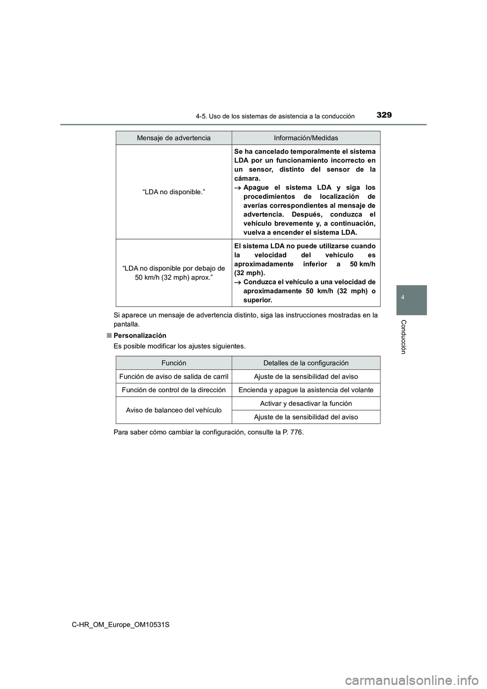 TOYOTA C-HR 2016  Manual del propietario (in Spanish) 3294-5. Uso de los sistemas de asistencia a la conducción
4
Conducción
C-HR_OM_Europe_OM10531S 
Si aparece un mensaje de advertencia distinto, siga las instrucciones mostradas en la 
pantalla. 
■ 