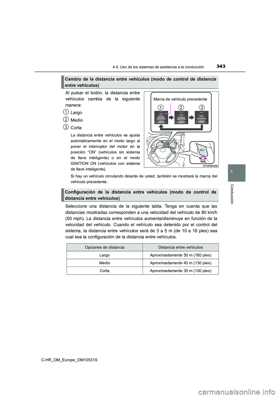 TOYOTA C-HR 2016 Manual del propietario (in Spanish) 3434-5. Uso de los sistemas de asistencia a la conducción
4
Conducción
C-HR_OM_Europe_OM10531S
Al pulsar el botón, la distancia entre
vehículos cambia de la siguiente
manera:
Largo
Medio
Corta TOYOTA C-HR 2016 Manual del propietario (in Spanish) 3434-5. Uso de los sistemas de asistencia a la conducción
4
Conducción
C-HR_OM_Europe_OM10531S
Al pulsar el botón, la distancia entre
vehículos cambia de la siguiente
manera:
Largo
Medio
Corta