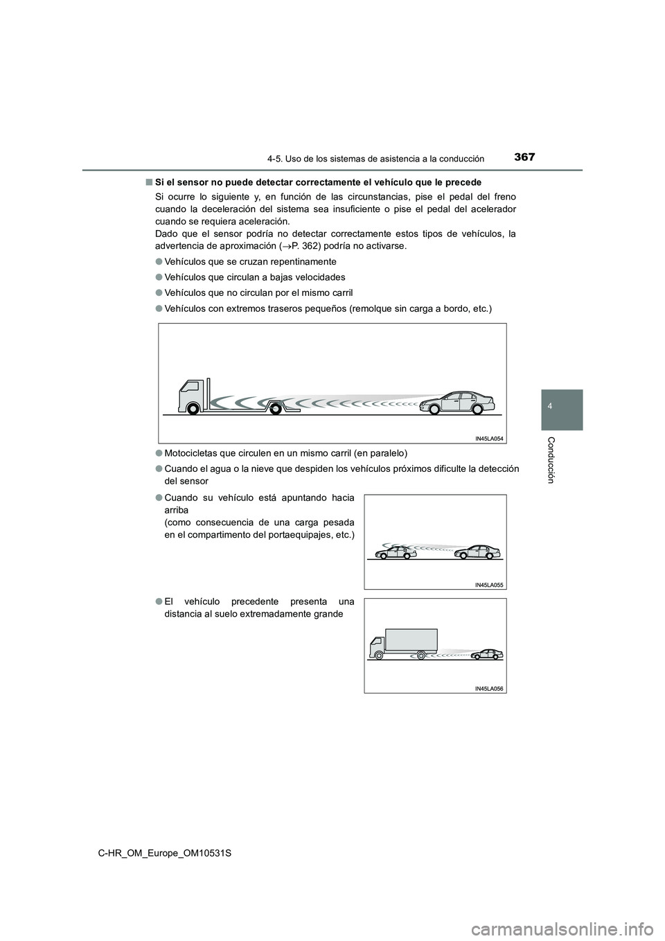 TOYOTA C-HR 2016 Manual del propietario (in Spanish) 3674-5. Uso de los sistemas de asistencia a la conducción
4
Conducción
C-HR_OM_Europe_OM10531S
■ Si el sensor no puede detectar correctamente el vehículo que le precede
Si ocurre lo siguiente y TOYOTA C-HR 2016 Manual del propietario (in Spanish) 3674-5. Uso de los sistemas de asistencia a la conducción
4
Conducción
C-HR_OM_Europe_OM10531S
■ Si el sensor no puede detectar correctamente el vehículo que le precede
Si ocurre lo siguiente y