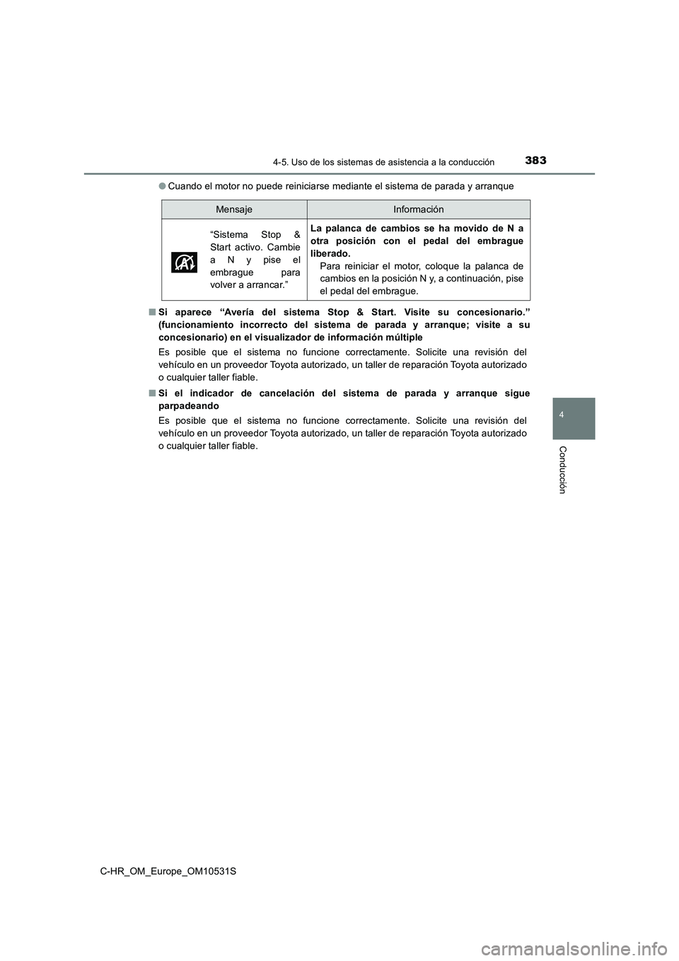 TOYOTA C-HR 2016 Manual del propietario (in Spanish) 3834-5. Uso de los sistemas de asistencia a la conducción
4
Conducción
C-HR_OM_Europe_OM10531S
● Cuando el motor no puede reiniciarse mediante el sistema de parada y arranque
■ Si aparece “A TOYOTA C-HR 2016 Manual del propietario (in Spanish) 3834-5. Uso de los sistemas de asistencia a la conducción
4
Conducción
C-HR_OM_Europe_OM10531S
● Cuando el motor no puede reiniciarse mediante el sistema de parada y arranque
■ Si aparece “A