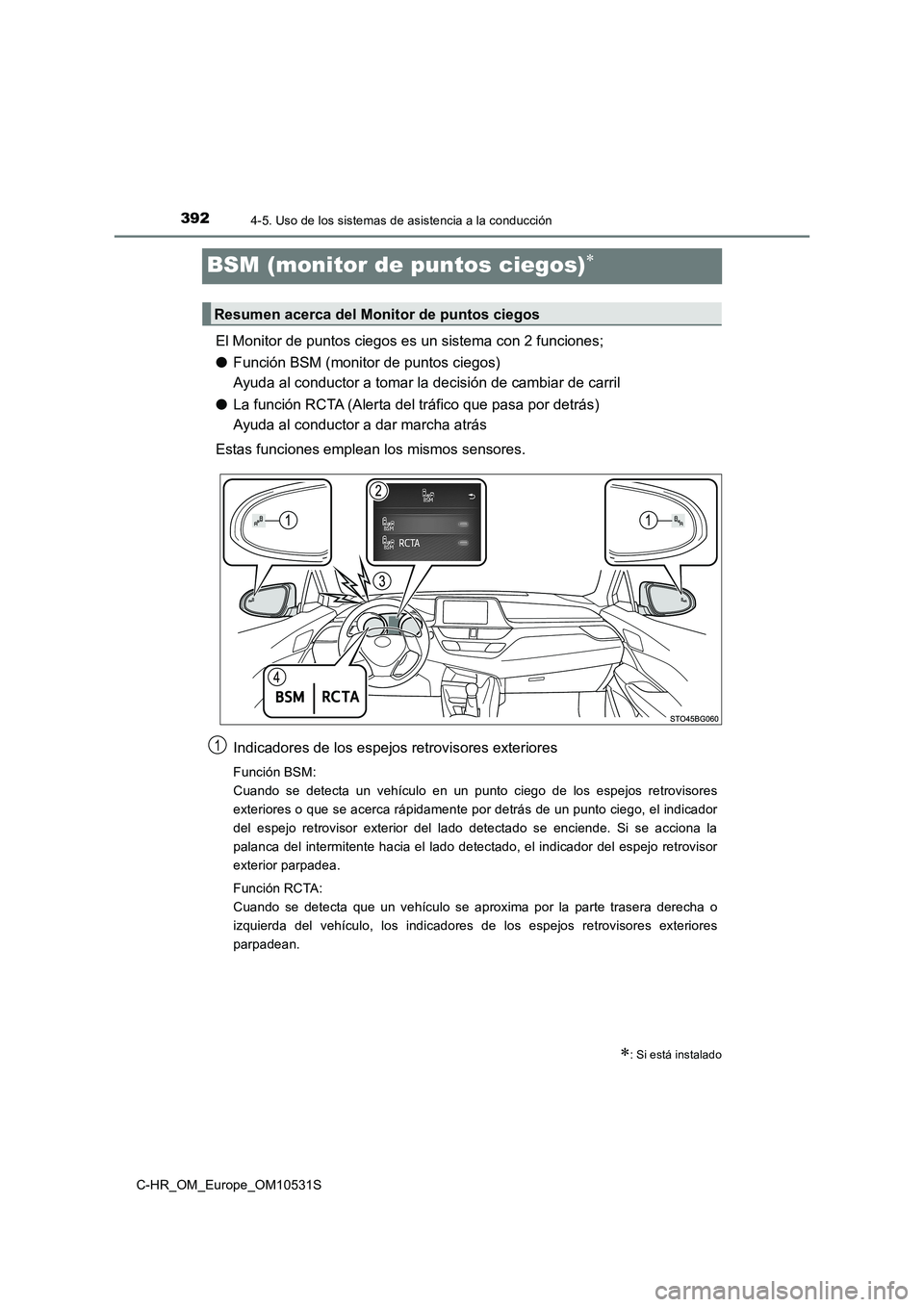 TOYOTA C-HR 2016 Manual del propietario (in Spanish) 3924-5. Uso de los sistemas de asistencia a la conducción
C-HR_OM_Europe_OM10531S
BSM (monitor de puntos ciegos)
El Monitor de puntos ciegos es un sistema con 2 funciones;
● Función BSM (monit TOYOTA C-HR 2016 Manual del propietario (in Spanish) 3924-5. Uso de los sistemas de asistencia a la conducción
C-HR_OM_Europe_OM10531S
BSM (monitor de puntos ciegos)
El Monitor de puntos ciegos es un sistema con 2 funciones;
● Función BSM (monit