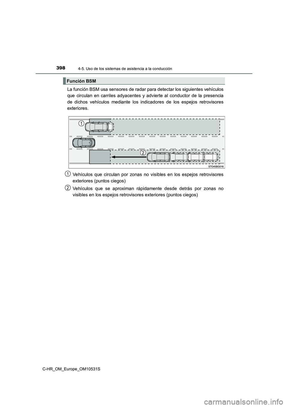 TOYOTA C-HR 2016 Manual del propietario (in Spanish) 3984-5. Uso de los sistemas de asistencia a la conducción
C-HR_OM_Europe_OM10531S
La función BSM usa sensores de radar para detectar los siguientes vehículos
que circulan en carriles adyacentes y TOYOTA C-HR 2016 Manual del propietario (in Spanish) 3984-5. Uso de los sistemas de asistencia a la conducción
C-HR_OM_Europe_OM10531S
La función BSM usa sensores de radar para detectar los siguientes vehículos
que circulan en carriles adyacentes y