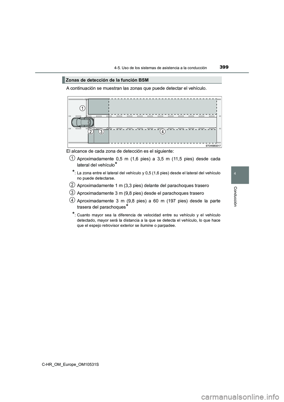 TOYOTA C-HR 2016 Manual del propietario (in Spanish) 3994-5. Uso de los sistemas de asistencia a la conducción
4
Conducción
C-HR_OM_Europe_OM10531S
A continuación se muestran las zonas que puede detectar el vehículo.
El alcance de cada zona de dete TOYOTA C-HR 2016 Manual del propietario (in Spanish) 3994-5. Uso de los sistemas de asistencia a la conducción
4
Conducción
C-HR_OM_Europe_OM10531S
A continuación se muestran las zonas que puede detectar el vehículo.
El alcance de cada zona de dete