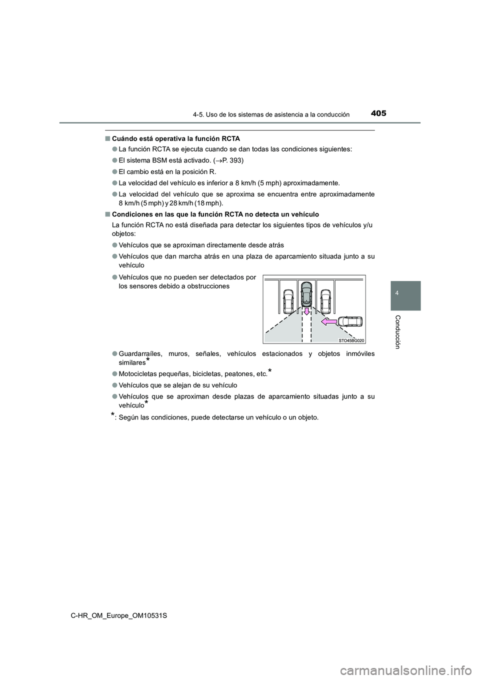 TOYOTA C-HR 2016 Manual del propietario (in Spanish) 4054-5. Uso de los sistemas de asistencia a la conducción
4
Conducción
C-HR_OM_Europe_OM10531S
■Cuándo está operativa la función RCTA
● La función RCTA se ejecuta cuando se dan todas las co TOYOTA C-HR 2016 Manual del propietario (in Spanish) 4054-5. Uso de los sistemas de asistencia a la conducción
4
Conducción
C-HR_OM_Europe_OM10531S
■Cuándo está operativa la función RCTA
● La función RCTA se ejecuta cuando se dan todas las co