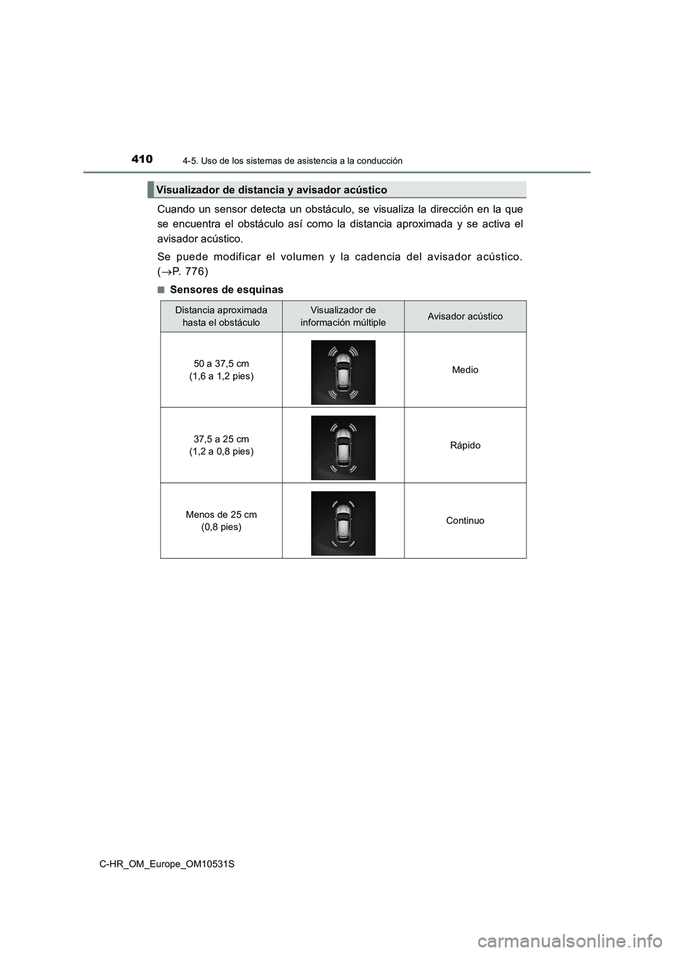 TOYOTA C-HR 2016 Manual del propietario (in Spanish) 4104-5. Uso de los sistemas de asistencia a la conducción
C-HR_OM_Europe_OM10531S
Cuando un sensor detecta un obstáculo, se visualiza la dirección en la que
se encuentra el obstáculo así como la TOYOTA C-HR 2016 Manual del propietario (in Spanish) 4104-5. Uso de los sistemas de asistencia a la conducción
C-HR_OM_Europe_OM10531S
Cuando un sensor detecta un obstáculo, se visualiza la dirección en la que
se encuentra el obstáculo así como la