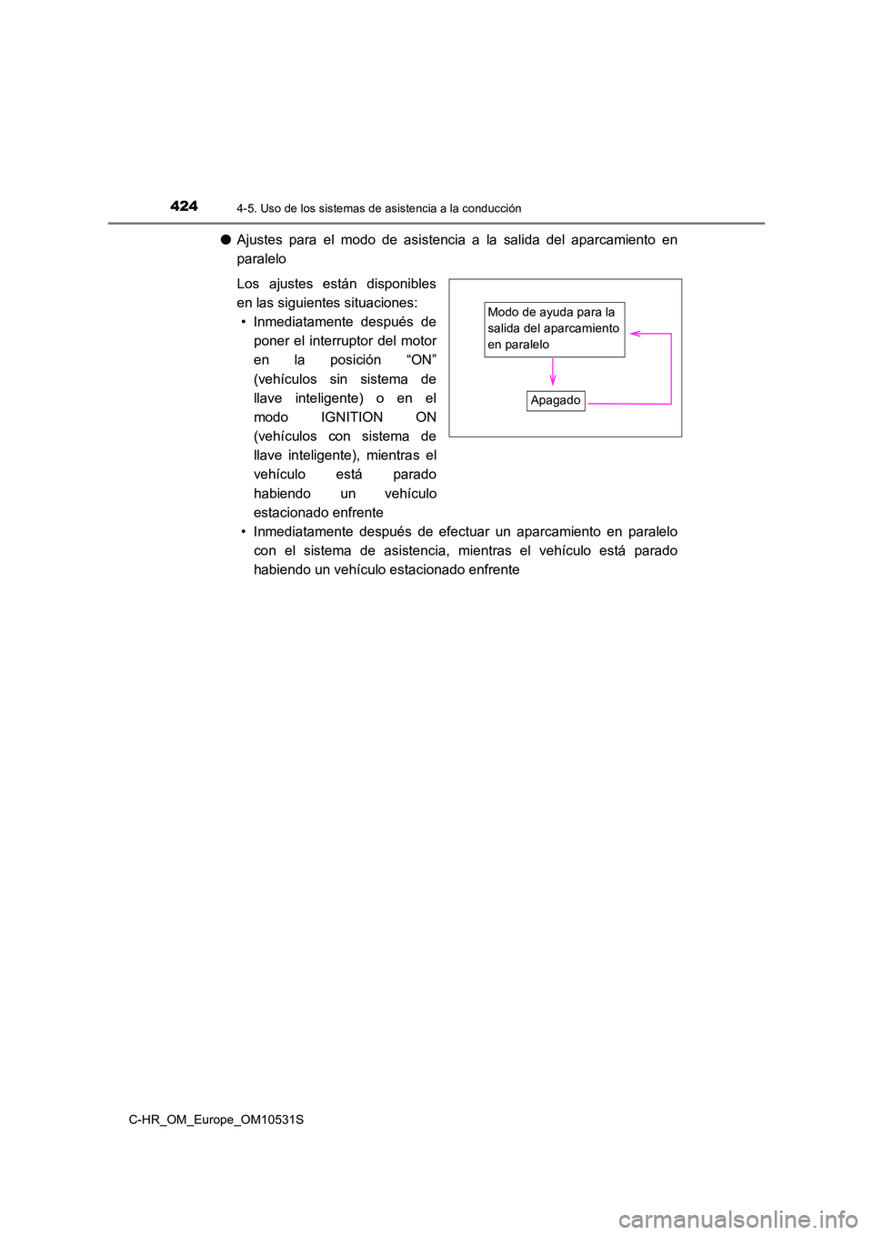 TOYOTA C-HR 2016 Manual del propietario (in Spanish) 4244-5. Uso de los sistemas de asistencia a la conducción
C-HR_OM_Europe_OM10531S
●Ajustes para el modo de asistencia a la salida del aparcamiento en
paralelo
Los ajustes están disponibles
en l TOYOTA C-HR 2016 Manual del propietario (in Spanish) 4244-5. Uso de los sistemas de asistencia a la conducción
C-HR_OM_Europe_OM10531S
●Ajustes para el modo de asistencia a la salida del aparcamiento en
paralelo
Los ajustes están disponibles
en l