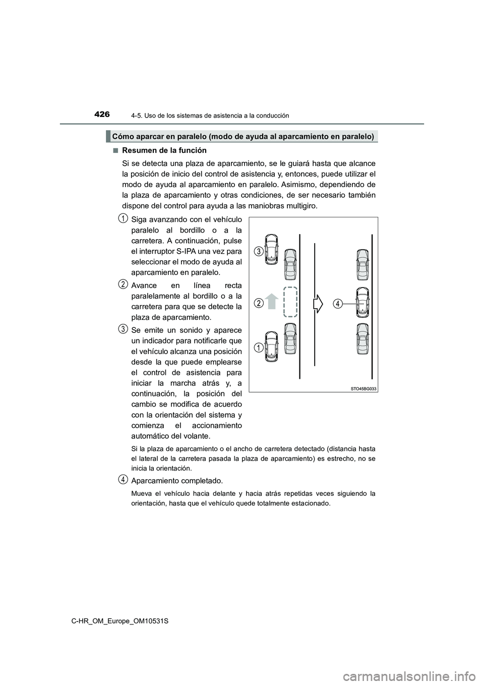 TOYOTA C-HR 2016 Manual del propietario (in Spanish) 4264-5. Uso de los sistemas de asistencia a la conducción
C-HR_OM_Europe_OM10531S
■Resumen de la función
Si se detecta una plaza de aparcamiento, se le guiará hasta que alcance
la posición de TOYOTA C-HR 2016 Manual del propietario (in Spanish) 4264-5. Uso de los sistemas de asistencia a la conducción
C-HR_OM_Europe_OM10531S
■Resumen de la función
Si se detecta una plaza de aparcamiento, se le guiará hasta que alcance
la posición de