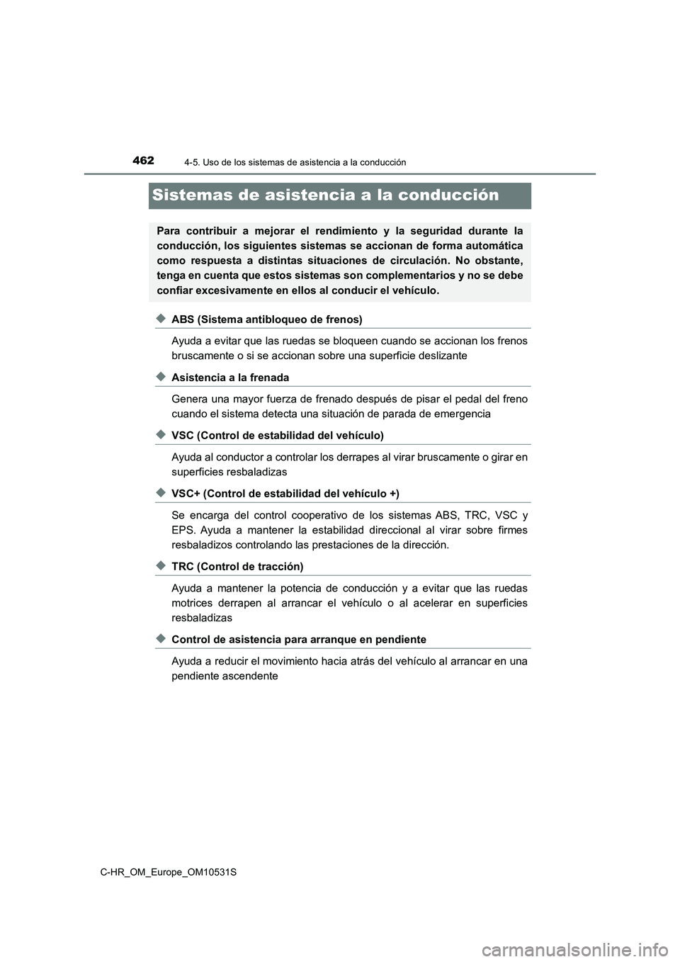 TOYOTA C-HR 2016 Manual del propietario (in Spanish) 4624-5. Uso de los sistemas de asistencia a la conducción
C-HR_OM_Europe_OM10531S
Sistemas de asistencia a la conducción
◆ABS (Sistema antibloqueo de frenos)
Ayuda a evitar que las ruedas se bloq TOYOTA C-HR 2016 Manual del propietario (in Spanish) 4624-5. Uso de los sistemas de asistencia a la conducción
C-HR_OM_Europe_OM10531S
Sistemas de asistencia a la conducción
◆ABS (Sistema antibloqueo de frenos)
Ayuda a evitar que las ruedas se bloq