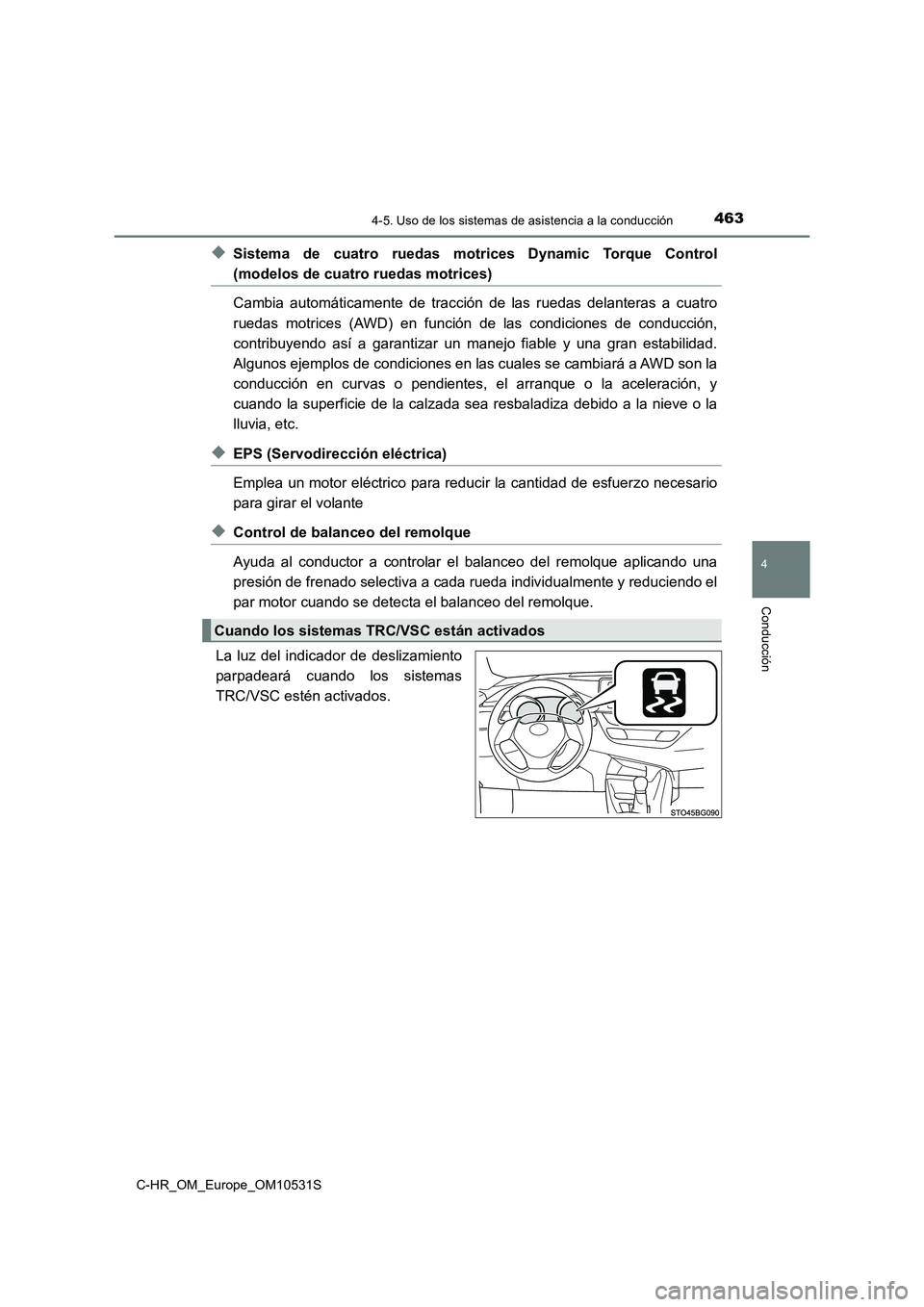 TOYOTA C-HR 2016 Manual del propietario (in Spanish) 4634-5. Uso de los sistemas de asistencia a la conducción
4
Conducción
C-HR_OM_Europe_OM10531S
◆Sistema de cuatro ruedas motrices Dynamic Torque Control
(modelos de cuatro ruedas motrices)
Cambia TOYOTA C-HR 2016 Manual del propietario (in Spanish) 4634-5. Uso de los sistemas de asistencia a la conducción
4
Conducción
C-HR_OM_Europe_OM10531S
◆Sistema de cuatro ruedas motrices Dynamic Torque Control
(modelos de cuatro ruedas motrices)
Cambia