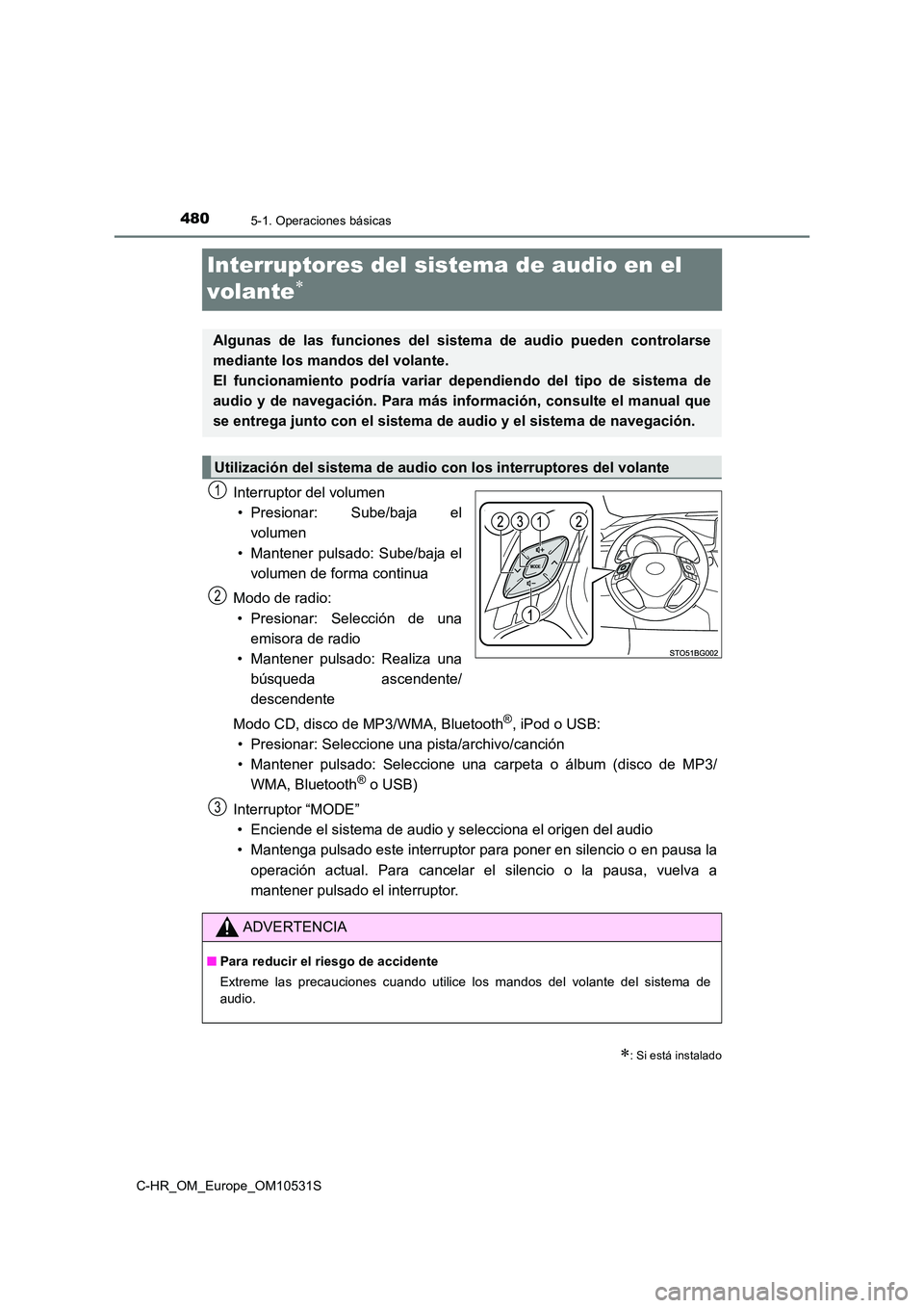 TOYOTA C-HR 2016 Manual del propietario (in Spanish) 4805-1. Operaciones básicas
C-HR_OM_Europe_OM10531S
Interruptores del sistema de audio en el
volante
Interruptor del volumen
• Presionar: Sube/baja el
volumen
• Mantener pulsado: Sube/baja TOYOTA C-HR 2016 Manual del propietario (in Spanish) 4805-1. Operaciones básicas
C-HR_OM_Europe_OM10531S
Interruptores del sistema de audio en el
volante
Interruptor del volumen
• Presionar: Sube/baja el
volumen
• Mantener pulsado: Sube/baja