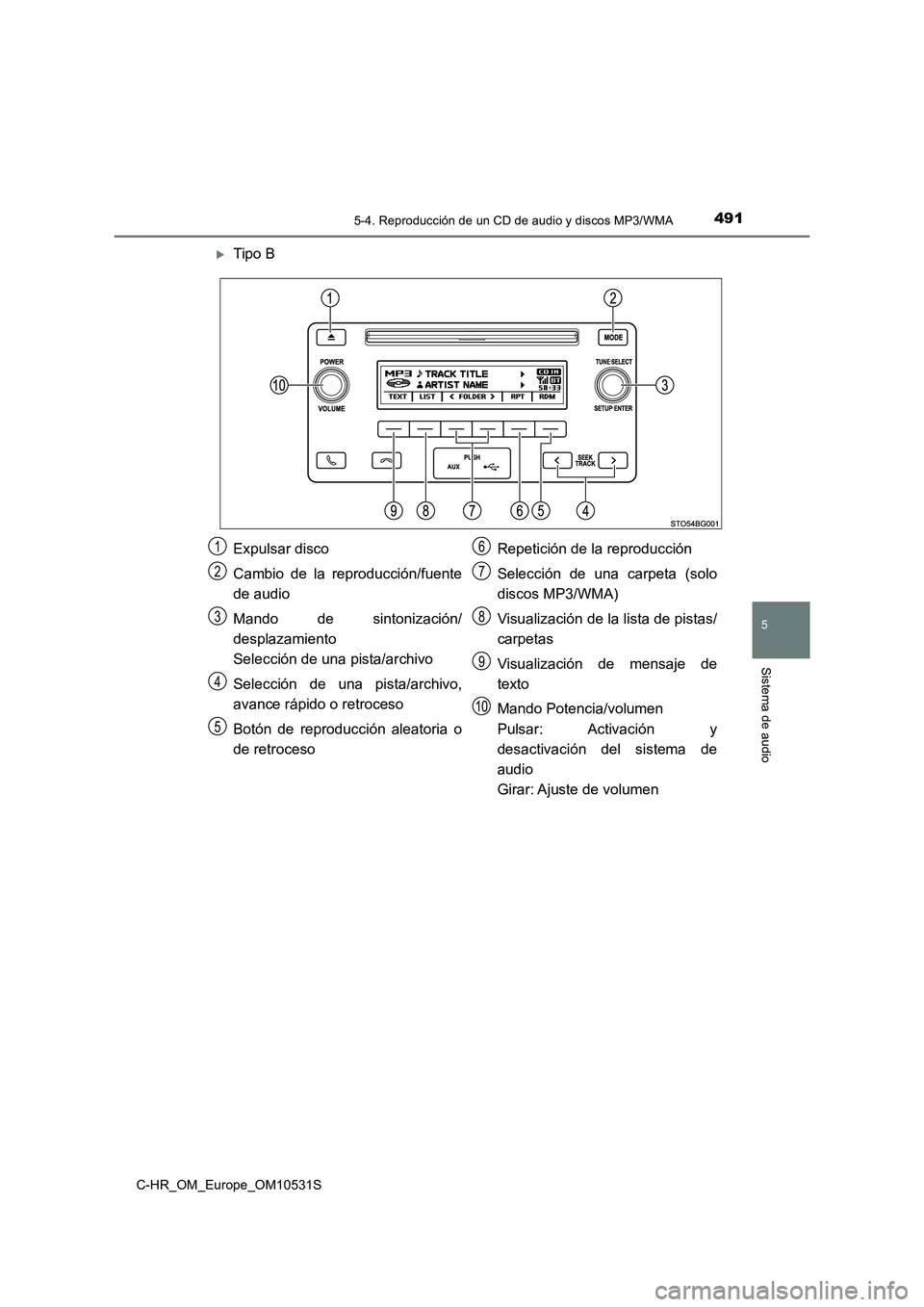 TOYOTA C-HR 2016 Manual del propietario (in Spanish) 4915-4. Reproducción de un CD de audio y discos MP3/WMA
5
Sistema de audio
C-HR_OM_Europe_OM10531S
Tipo B
Expulsar disco
Cambio de la reproducción/fuente
de audio
Mando de sintonización/
des TOYOTA C-HR 2016 Manual del propietario (in Spanish) 4915-4. Reproducción de un CD de audio y discos MP3/WMA
5
Sistema de audio
C-HR_OM_Europe_OM10531S
Tipo B
Expulsar disco
Cambio de la reproducción/fuente
de audio
Mando de sintonización/
des