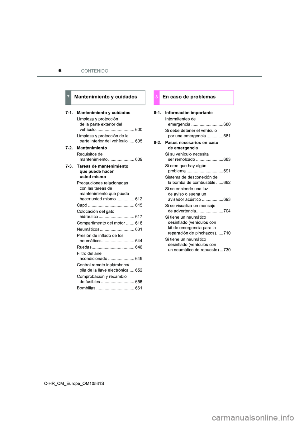 TOYOTA C-HR 2016  Manual del propietario (in Spanish) CONTENIDO6
C-HR_OM_Europe_OM10531S 
7-1. Mantenimiento y cuidados 
Limpieza y protección  
de la parte exterior del  
vehículo ................................ 600 
Limpieza y protección de la  
pa