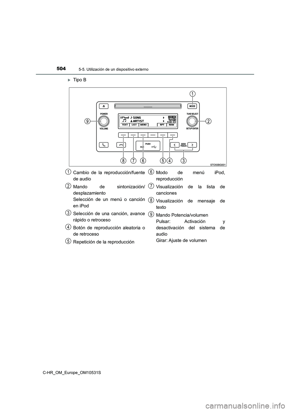 TOYOTA C-HR 2016 Manual del propietario (in Spanish) 5045-5. Utilización de un dispositivo externo
C-HR_OM_Europe_OM10531S
Tipo B
Cambio de la reproducción/fuente
de audio
Mando de sintonización/
desplazamiento
Selección de un menú o canció TOYOTA C-HR 2016 Manual del propietario (in Spanish) 5045-5. Utilización de un dispositivo externo
C-HR_OM_Europe_OM10531S
Tipo B
Cambio de la reproducción/fuente
de audio
Mando de sintonización/
desplazamiento
Selección de un menú o canció