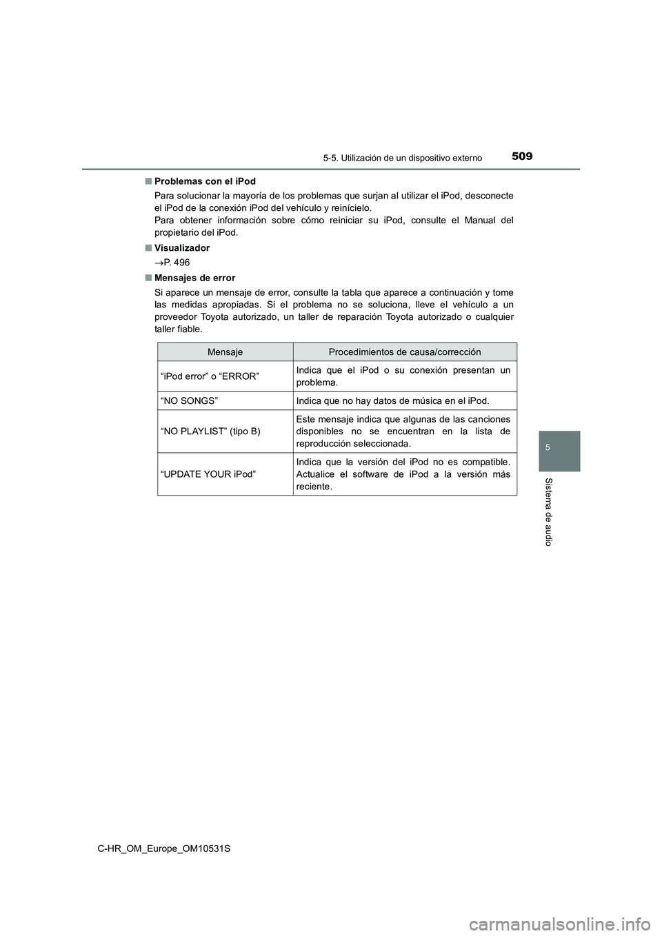 TOYOTA C-HR 2016 Manual del propietario (in Spanish) 5095-5. Utilización de un dispositivo externo
5
Sistema de audio
C-HR_OM_Europe_OM10531S
■ Problemas con el iPod
Para solucionar la mayoría de los problemas que surjan al utilizar el iPod, desco TOYOTA C-HR 2016 Manual del propietario (in Spanish) 5095-5. Utilización de un dispositivo externo
5
Sistema de audio
C-HR_OM_Europe_OM10531S
■ Problemas con el iPod
Para solucionar la mayoría de los problemas que surjan al utilizar el iPod, desco