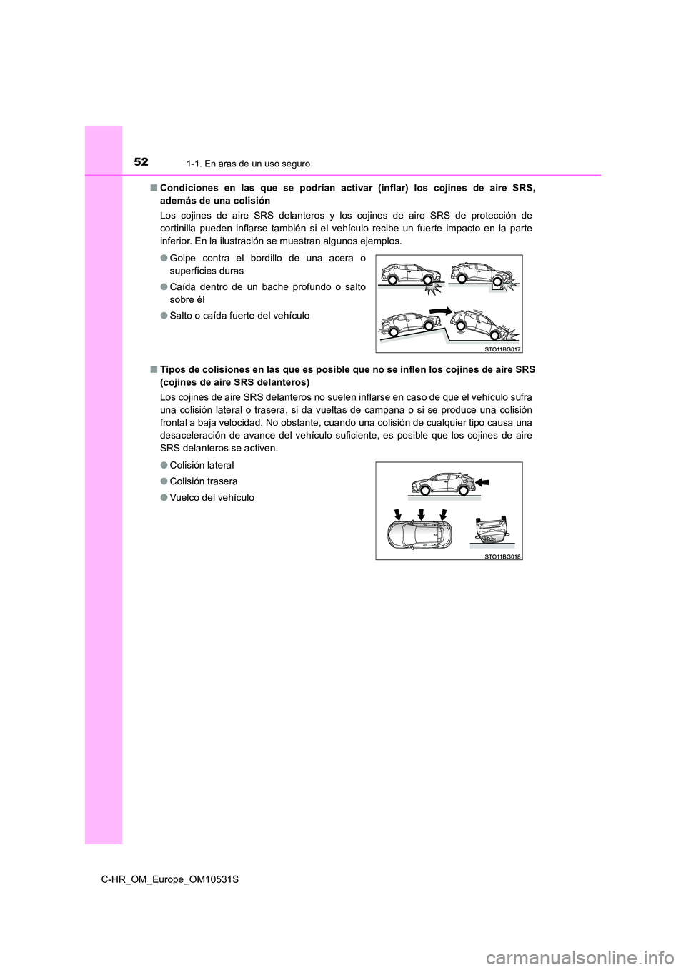 TOYOTA C-HR 2016  Manual del propietario (in Spanish) 521-1. En aras de un uso seguro
C-HR_OM_Europe_OM10531S 
■ Condiciones en las que se podrían activar (inflar) los cojines de aire SRS, 
además de una colisión  
Los cojines de aire SRS delanteros