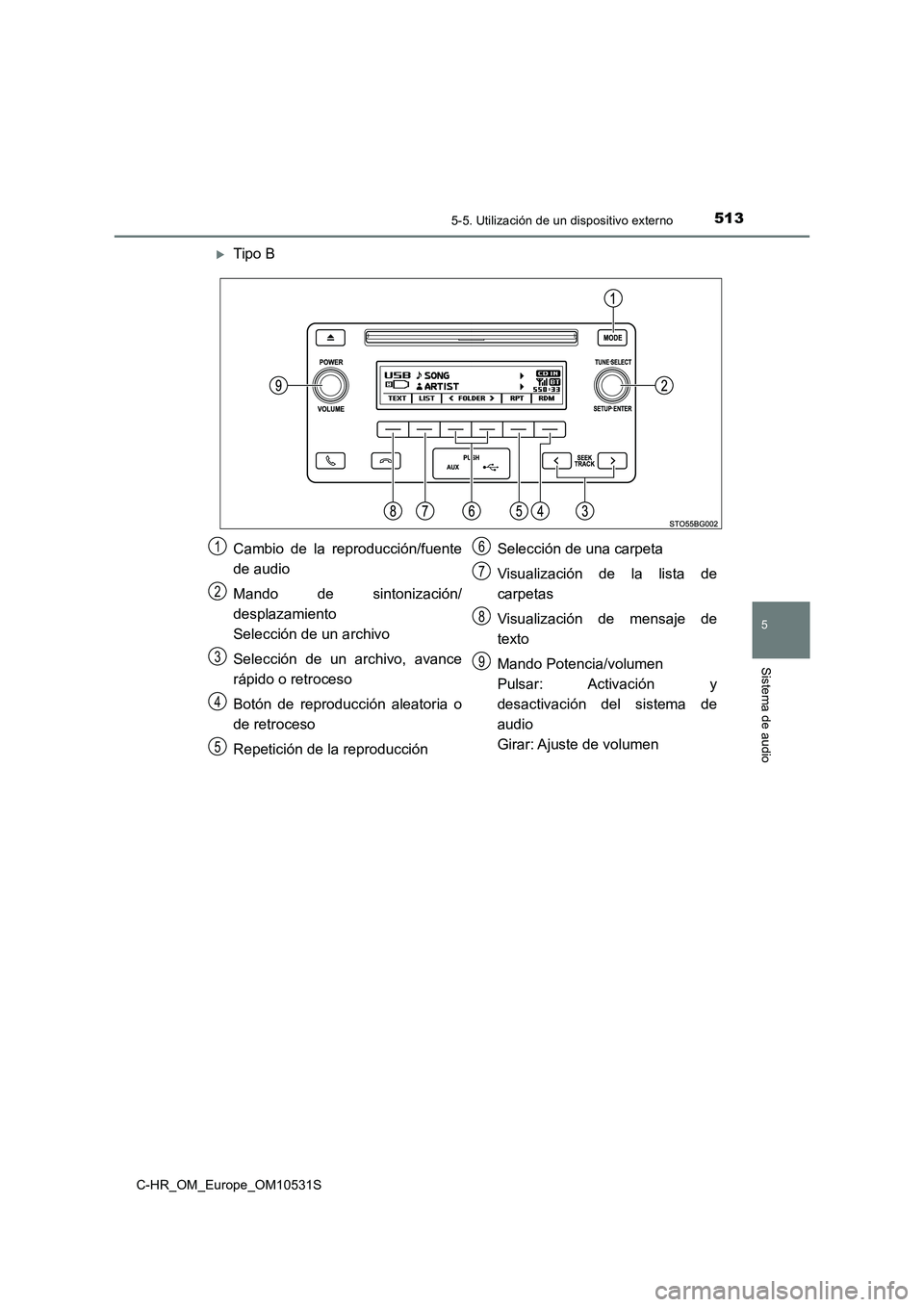 TOYOTA C-HR 2016 Manual del propietario (in Spanish) 5135-5. Utilización de un dispositivo externo
5
Sistema de audio
C-HR_OM_Europe_OM10531S
Tipo B
Cambio de la reproducción/fuente
de audio
Mando de sintonización/
desplazamiento
Selección de TOYOTA C-HR 2016 Manual del propietario (in Spanish) 5135-5. Utilización de un dispositivo externo
5
Sistema de audio
C-HR_OM_Europe_OM10531S
Tipo B
Cambio de la reproducción/fuente
de audio
Mando de sintonización/
desplazamiento
Selección de