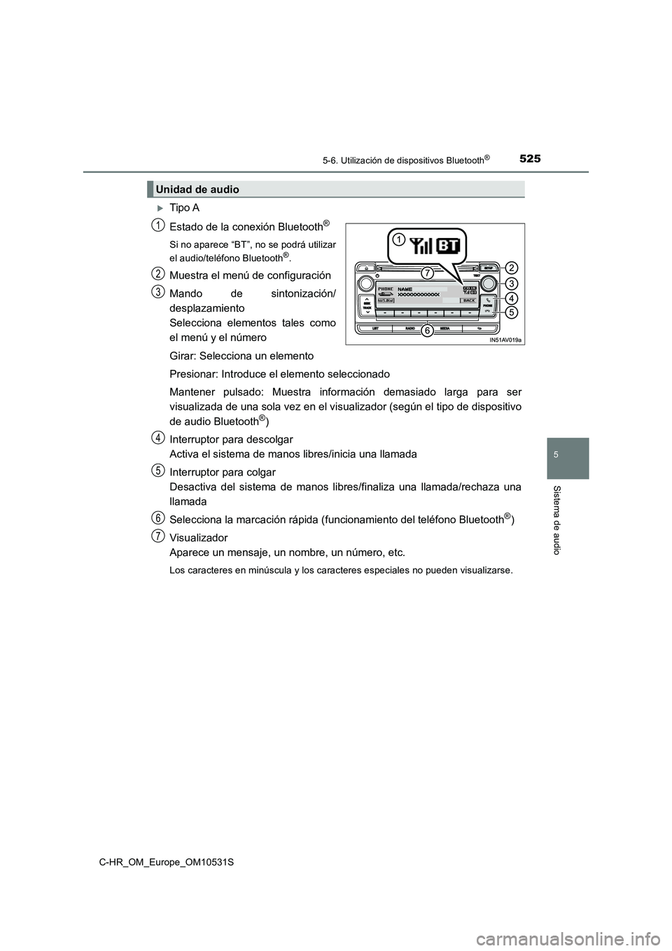 TOYOTA C-HR 2016 Manual del propietario (in Spanish) 5255-6. Utilización de dispositivos Bluetooth®
5
Sistema de audio
C-HR_OM_Europe_OM10531S
Tipo A
Estado de la conexión Bluetooth®
Si no aparece “BT”, no se podrá utilizar
el audio/teléf TOYOTA C-HR 2016 Manual del propietario (in Spanish) 5255-6. Utilización de dispositivos Bluetooth®
5
Sistema de audio
C-HR_OM_Europe_OM10531S
Tipo A
Estado de la conexión Bluetooth®
Si no aparece “BT”, no se podrá utilizar
el audio/teléf