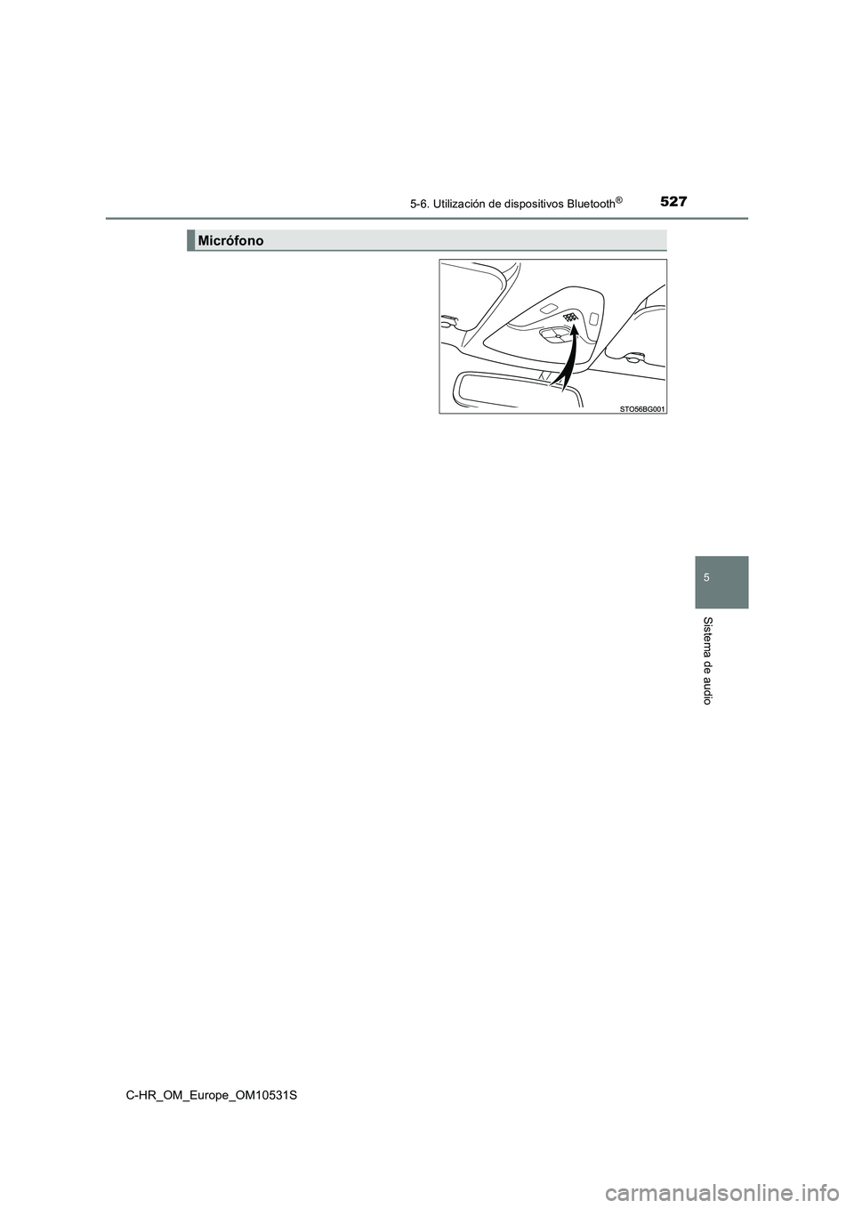 TOYOTA C-HR 2016 Manual del propietario (in Spanish) 5275-6. Utilización de dispositivos Bluetooth®
5
Sistema de audio
C-HR_OM_Europe_OM10531S
Micrófono TOYOTA C-HR 2016 Manual del propietario (in Spanish) 5275-6. Utilización de dispositivos Bluetooth®
5
Sistema de audio
C-HR_OM_Europe_OM10531S
Micrófono