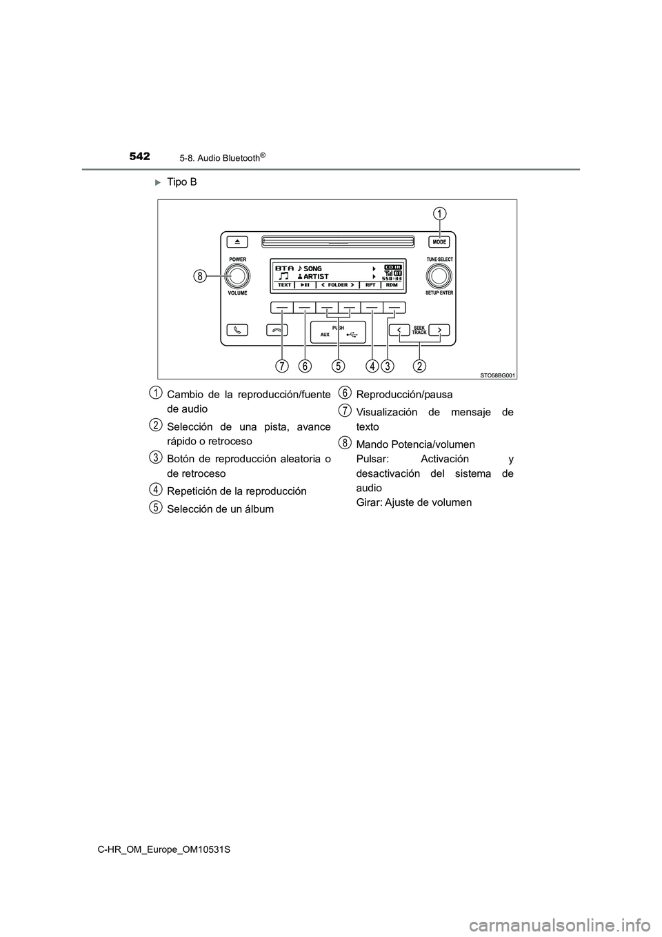TOYOTA C-HR 2016 Manual del propietario (in Spanish) 5425-8. Audio Bluetooth®
C-HR_OM_Europe_OM10531S
Tipo B
Cambio de la reproducción/fuente
de audio
Selección de una pista, avance
rápido o retroceso
Botón de reproducción aleatoria o
de TOYOTA C-HR 2016 Manual del propietario (in Spanish) 5425-8. Audio Bluetooth®
C-HR_OM_Europe_OM10531S
Tipo B
Cambio de la reproducción/fuente
de audio
Selección de una pista, avance
rápido o retroceso
Botón de reproducción aleatoria o
de
