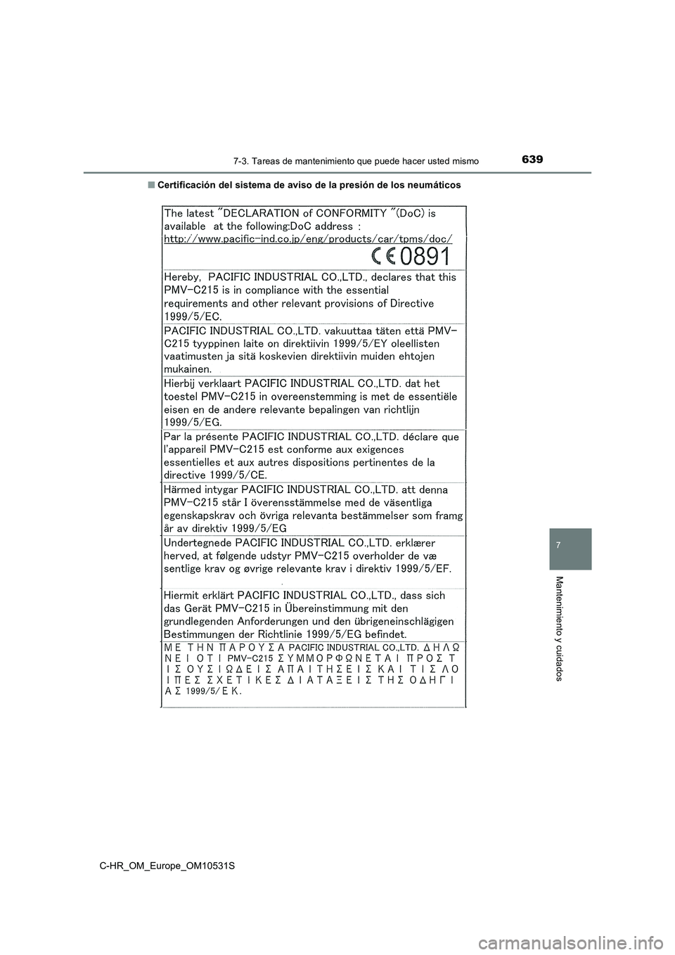 TOYOTA C-HR 2016 Manual del propietario (in Spanish) 6397-3. Tareas de mantenimiento que puede hacer usted mismo
7
Mantenimiento y cuidados
C-HR_OM_Europe_OM10531S
■ Certificación del sistema de aviso de la presión de los neumáticos TOYOTA C-HR 2016 Manual del propietario (in Spanish) 6397-3. Tareas de mantenimiento que puede hacer usted mismo
7
Mantenimiento y cuidados
C-HR_OM_Europe_OM10531S
■ Certificación del sistema de aviso de la presión de los neumáticos