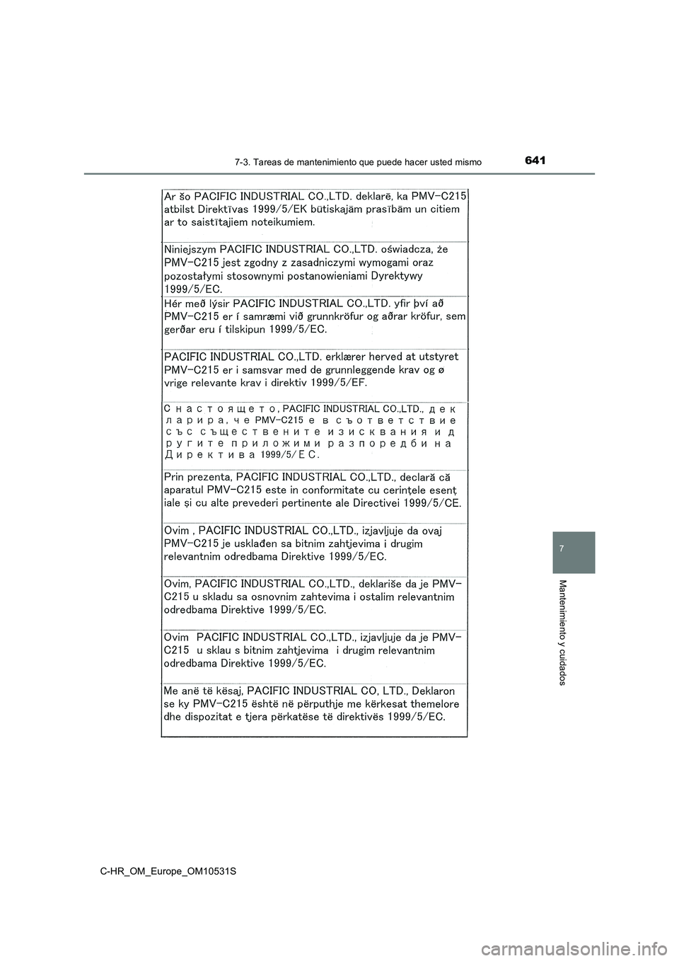 TOYOTA C-HR 2016  Manual del propietario (in Spanish) 6417-3. Tareas de mantenimiento que puede hacer usted mismo
7
Mantenimiento y cuidados
C-HR_OM_Europe_OM10531S 