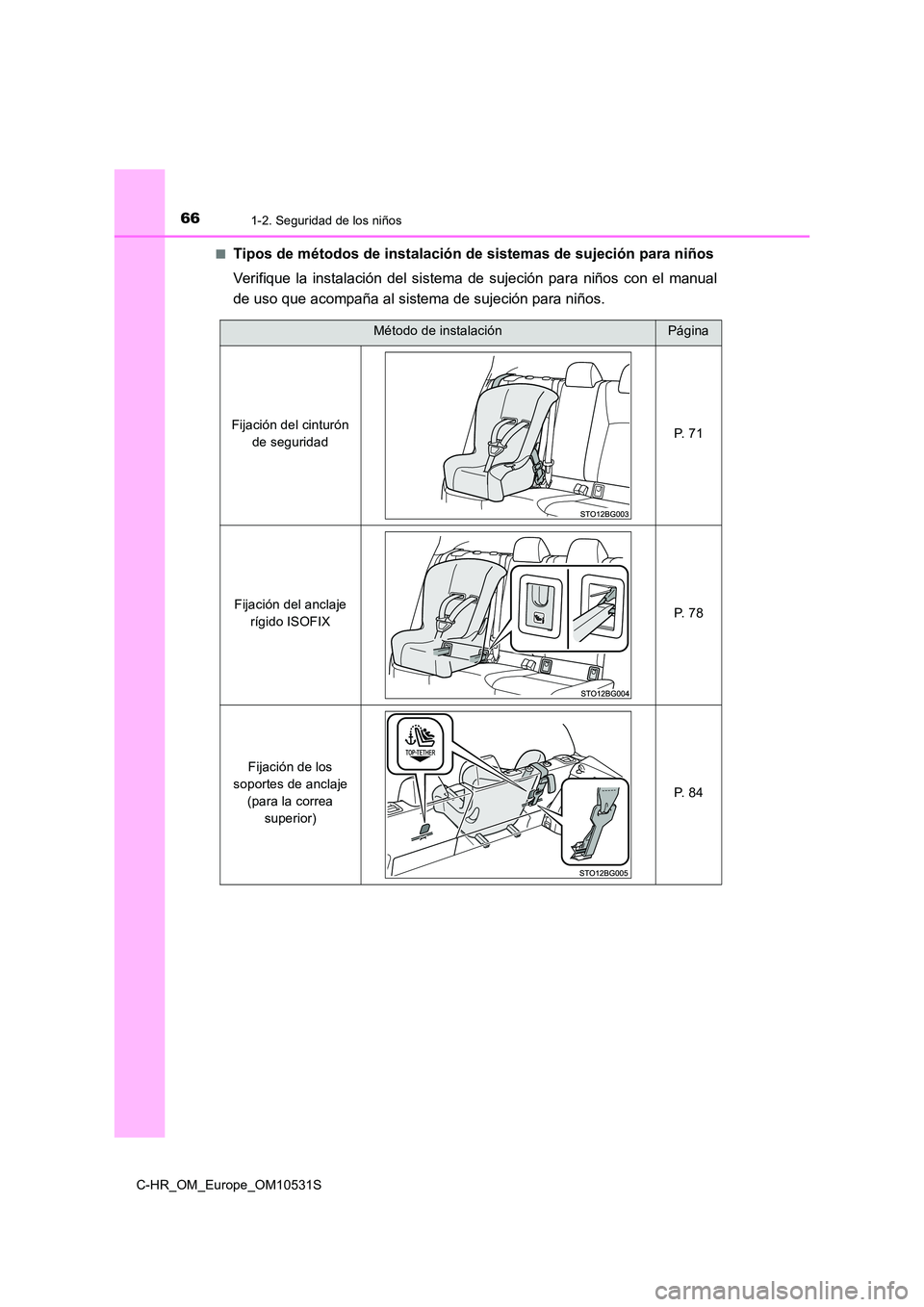 TOYOTA C-HR 2016  Manual del propietario (in Spanish) 661-2. Seguridad de los niños
C-HR_OM_Europe_OM10531S 
■Tipos de métodos de instalación de sistemas de sujeción para niños 
Verifique la instalación del sistem a de sujeción para niños con e