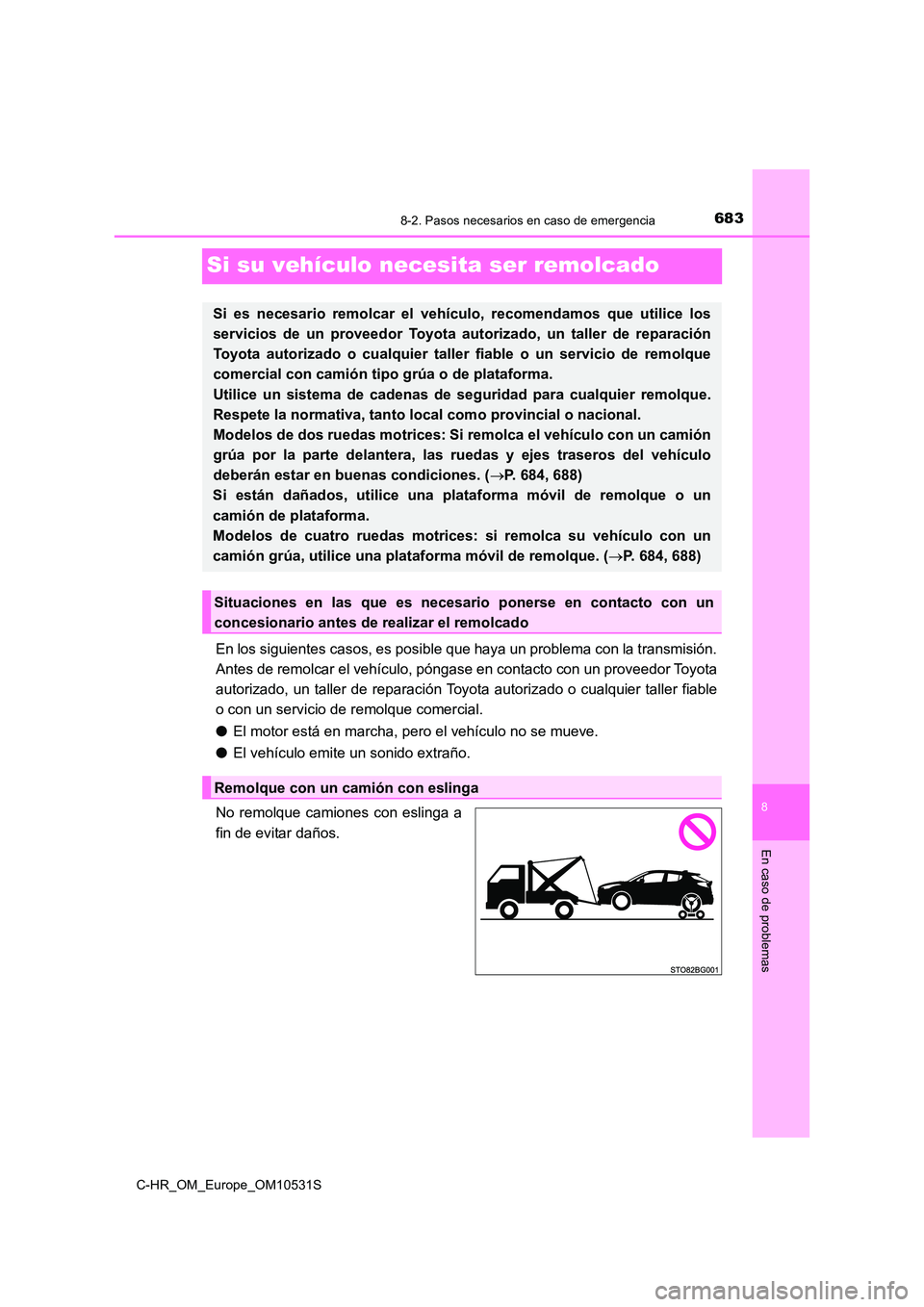 TOYOTA C-HR 2016 Manual del propietario (in Spanish) 6838-2. Pasos necesarios en caso de emergencia
8
En caso de problemas
C-HR_OM_Europe_OM10531S
Si su vehículo necesita ser remolcado
En los siguientes casos, es posible que haya un problema con la tra TOYOTA C-HR 2016 Manual del propietario (in Spanish) 6838-2. Pasos necesarios en caso de emergencia
8
En caso de problemas
C-HR_OM_Europe_OM10531S
Si su vehículo necesita ser remolcado
En los siguientes casos, es posible que haya un problema con la tra