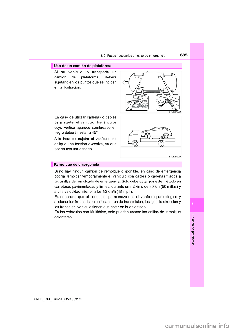 TOYOTA C-HR 2016 Manual del propietario (in Spanish) 6858-2. Pasos necesarios en caso de emergencia
8
En caso de problemas
C-HR_OM_Europe_OM10531S
Si su vehículo lo transporta un
camión de plataforma, deberá
sujetarlo en los puntos que se indican
e TOYOTA C-HR 2016 Manual del propietario (in Spanish) 6858-2. Pasos necesarios en caso de emergencia
8
En caso de problemas
C-HR_OM_Europe_OM10531S
Si su vehículo lo transporta un
camión de plataforma, deberá
sujetarlo en los puntos que se indican
e