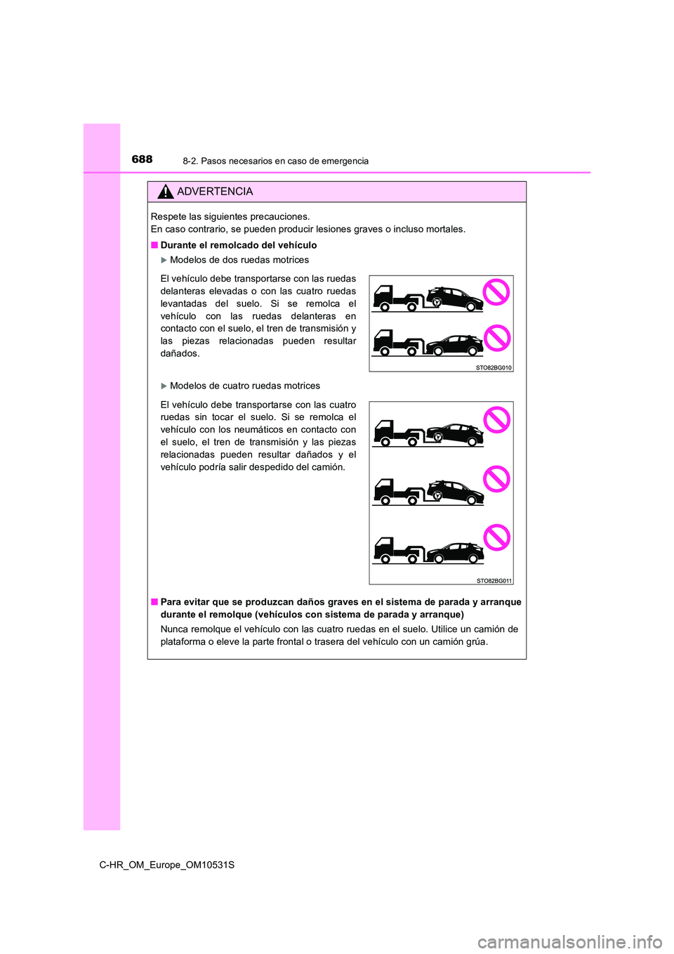 TOYOTA C-HR 2016 Manual del propietario (in Spanish) 6888-2. Pasos necesarios en caso de emergencia
C-HR_OM_Europe_OM10531S
ADVERTENCIA
Respete las siguientes precauciones.
En caso contrario, se pueden producir lesiones graves o incluso mortales.
■ TOYOTA C-HR 2016 Manual del propietario (in Spanish) 6888-2. Pasos necesarios en caso de emergencia
C-HR_OM_Europe_OM10531S
ADVERTENCIA
Respete las siguientes precauciones.
En caso contrario, se pueden producir lesiones graves o incluso mortales.
■