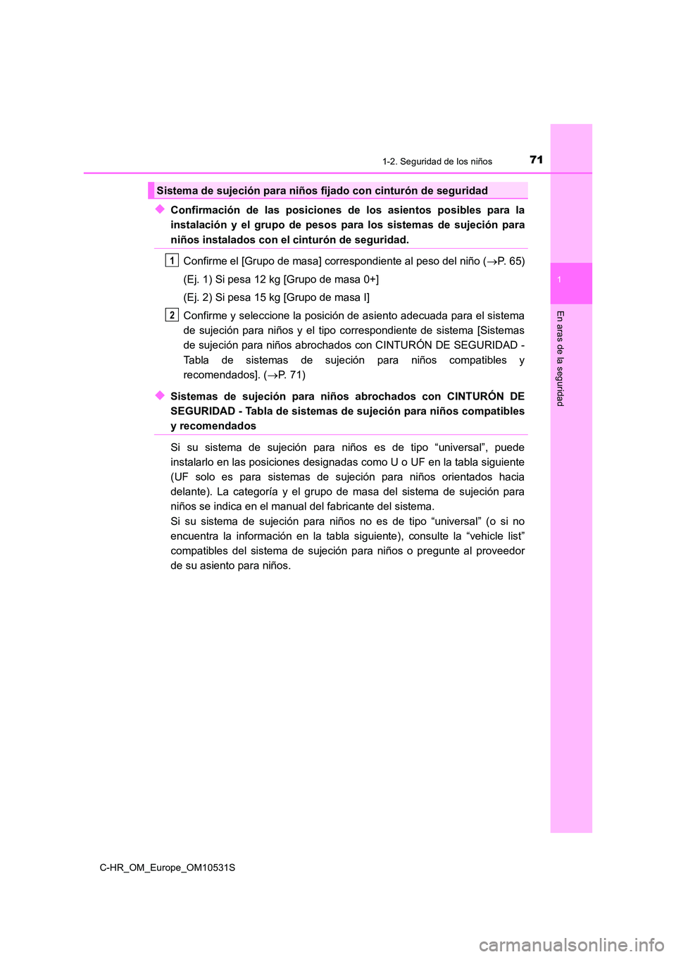 TOYOTA C-HR 2016 Manual del propietario (in Spanish) 711-2. Seguridad de los niños
1
En aras de la seguridad
C-HR_OM_Europe_OM10531S
◆Confirmación de las posiciones de los asientos posibles para la
instalación y el grupo de pesos para los sistemas TOYOTA C-HR 2016 Manual del propietario (in Spanish) 711-2. Seguridad de los niños
1
En aras de la seguridad
C-HR_OM_Europe_OM10531S
◆Confirmación de las posiciones de los asientos posibles para la
instalación y el grupo de pesos para los sistemas