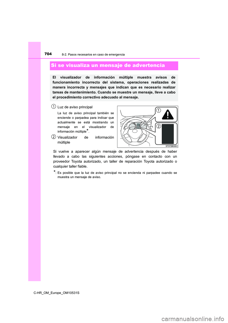 TOYOTA C-HR 2016 Manual del propietario (in Spanish) 7048-2. Pasos necesarios en caso de emergencia
C-HR_OM_Europe_OM10531S
Si se visualiza un mensaje de advertencia
Luz de aviso principal
La luz de aviso principal también se
enciende o parpadea para TOYOTA C-HR 2016 Manual del propietario (in Spanish) 7048-2. Pasos necesarios en caso de emergencia
C-HR_OM_Europe_OM10531S
Si se visualiza un mensaje de advertencia
Luz de aviso principal
La luz de aviso principal también se
enciende o parpadea para