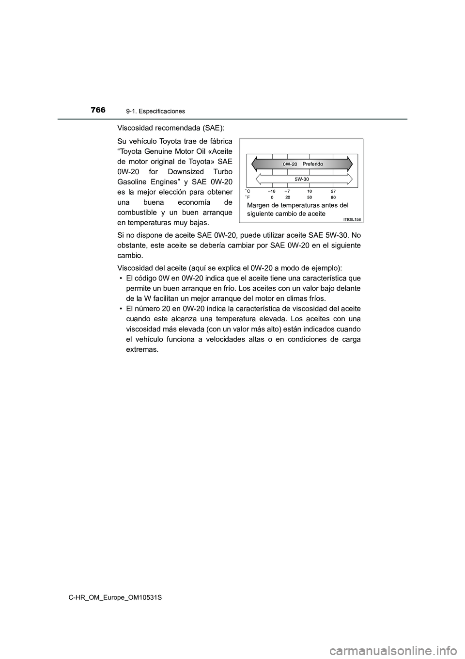 TOYOTA C-HR 2016 Manual del propietario (in Spanish) 7669-1. Especificaciones
C-HR_OM_Europe_OM10531S
Viscosidad recomendada (SAE):
Su vehículo Toyota trae de fábrica
“Toyota Genuine Motor Oil «Aceite
de motor original de Toyota» SAE
0W-20 for TOYOTA C-HR 2016 Manual del propietario (in Spanish) 7669-1. Especificaciones
C-HR_OM_Europe_OM10531S
Viscosidad recomendada (SAE):
Su vehículo Toyota trae de fábrica
“Toyota Genuine Motor Oil «Aceite
de motor original de Toyota» SAE
0W-20 for