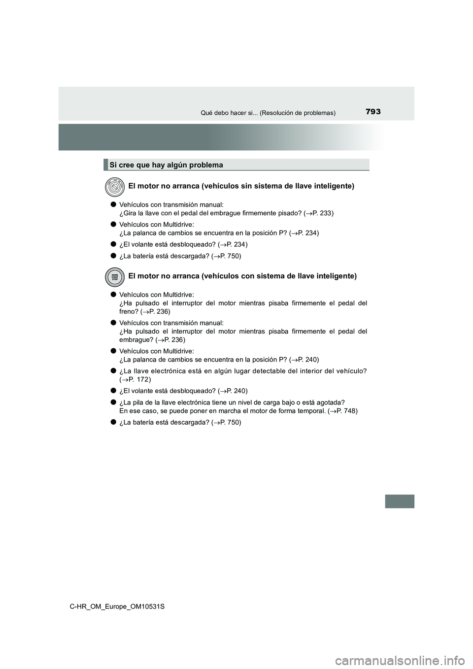 TOYOTA C-HR 2016 Manual del propietario (in Spanish) 793Qué debo hacer si... (Resolución de problemas)
C-HR_OM_Europe_OM10531S
●Vehículos con transmisión manual:
¿Gira la llave con el pedal del embrague firmemente pisado? ( P. 233)
●Vehícu TOYOTA C-HR 2016 Manual del propietario (in Spanish) 793Qué debo hacer si... (Resolución de problemas)
C-HR_OM_Europe_OM10531S
●Vehículos con transmisión manual:
¿Gira la llave con el pedal del embrague firmemente pisado? ( P. 233)
●Vehícu