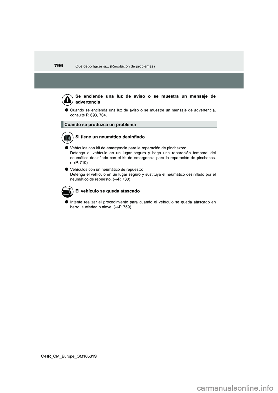 TOYOTA C-HR 2016 Manual del propietario (in Spanish) 796Qué debo hacer si... (Resolución de problemas)
C-HR_OM_Europe_OM10531S
●Cuando se encienda una luz de aviso o se muestre un mensaje de advertencia,
consulte P. 693, 704.
●Vehículos con kit TOYOTA C-HR 2016 Manual del propietario (in Spanish) 796Qué debo hacer si... (Resolución de problemas)
C-HR_OM_Europe_OM10531S
●Cuando se encienda una luz de aviso o se muestre un mensaje de advertencia,
consulte P. 693, 704.
●Vehículos con kit