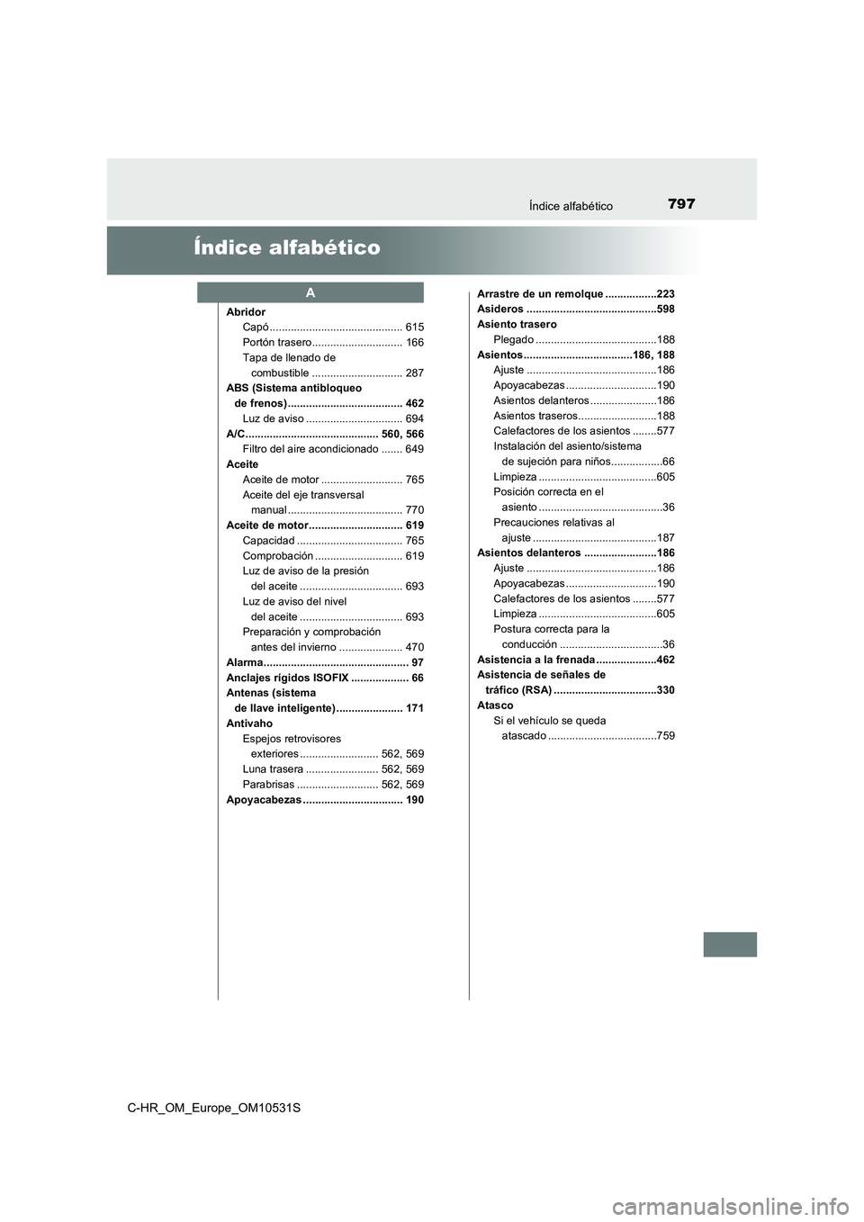 TOYOTA C-HR 2016 Manual del propietario (in Spanish) 797Índice alfabético
C-HR_OM_Europe_OM10531S
Índice alfabético
Abridor
Capó ............................................ 615
Portón trasero.............................. 166
Tapa de llenado d TOYOTA C-HR 2016 Manual del propietario (in Spanish) 797Índice alfabético
C-HR_OM_Europe_OM10531S
Índice alfabético
Abridor
Capó ............................................ 615
Portón trasero.............................. 166
Tapa de llenado d
