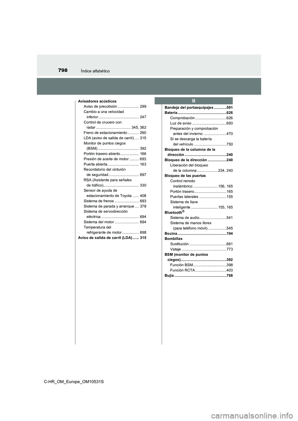 TOYOTA C-HR 2016 Manual del propietario (in Spanish) 798Índice alfabético
C-HR_OM_Europe_OM10531S
Avisadores acústicos
Aviso de precolisión .................... 299
Cambio a una velocidad
inferior....................................... 247
Cont TOYOTA C-HR 2016 Manual del propietario (in Spanish) 798Índice alfabético
C-HR_OM_Europe_OM10531S
Avisadores acústicos
Aviso de precolisión .................... 299
Cambio a una velocidad
inferior....................................... 247
Cont