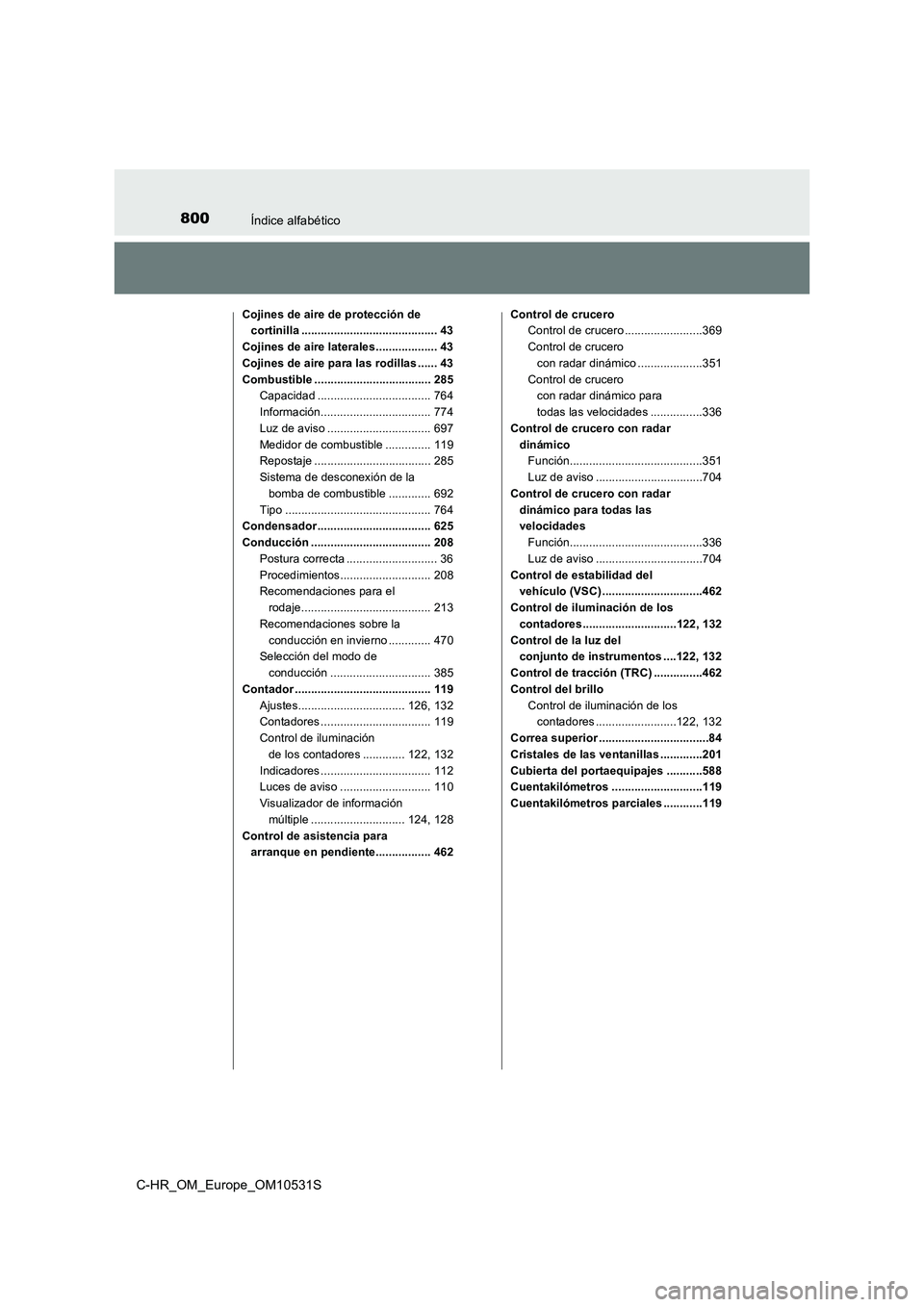 TOYOTA C-HR 2016 Manual del propietario (in Spanish) 800Índice alfabético
C-HR_OM_Europe_OM10531S
Cojines de aire de protección de
cortinilla .......................................... 43
Cojines de aire laterales................... 43
Cojines de TOYOTA C-HR 2016 Manual del propietario (in Spanish) 800Índice alfabético
C-HR_OM_Europe_OM10531S
Cojines de aire de protección de
cortinilla .......................................... 43
Cojines de aire laterales................... 43
Cojines de