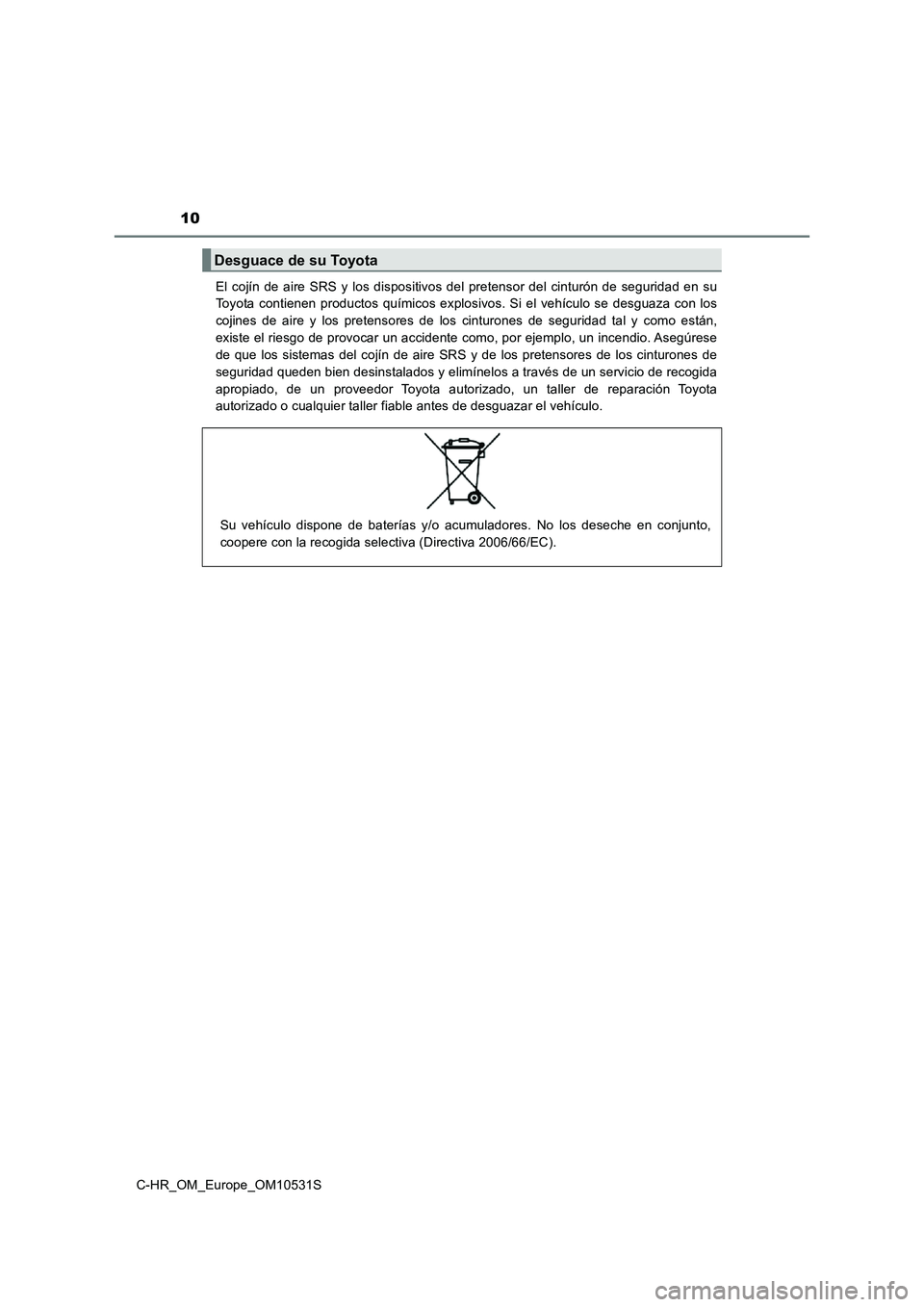 TOYOTA C-HR 2017 Manual del propietario (in Spanish) 10
C-HR_OM_Europe_OM10531S
El cojín de aire SRS y los dispositivos del pretensor del cinturón de seguridad en su
Toyota contienen productos químicos explosivos. Si el vehículo se desguaza con lo TOYOTA C-HR 2017 Manual del propietario (in Spanish) 10
C-HR_OM_Europe_OM10531S
El cojín de aire SRS y los dispositivos del pretensor del cinturón de seguridad en su
Toyota contienen productos químicos explosivos. Si el vehículo se desguaza con lo