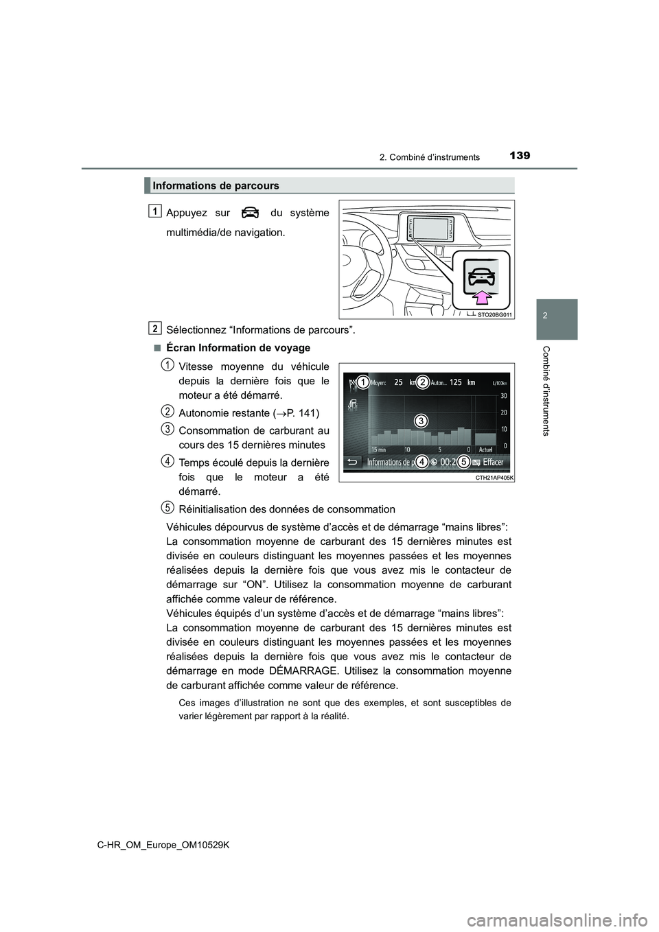 TOYOTA C-HR 2017 Manuel du propriétaire (in French) 1392. Combiné d’instruments
2
Combiné d’instruments
C-HR_OM_Europe_OM10529K
Appuyez sur du système
multimédia/de navigation.
Sélectionnez “Informations de parcours”.
■Écran Informa TOYOTA C-HR 2017 Manuel du propriétaire (in French) 1392. Combiné d’instruments
2
Combiné d’instruments
C-HR_OM_Europe_OM10529K
Appuyez sur du système
multimédia/de navigation.
Sélectionnez “Informations de parcours”.
■Écran Informa