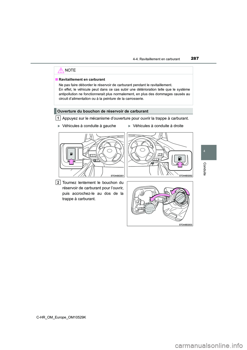 TOYOTA C-HR 2016  Manuel du propriétaire (in French) 2874-4. Ravitaillement en carburant
4
Conduite
C-HR_OM_Europe_OM10529K
Appuyez sur le mécanisme d’ouverture pour ouvrir la trappe à carburant. 
Tournez lentement le bouchon du 
réservoir de carbu