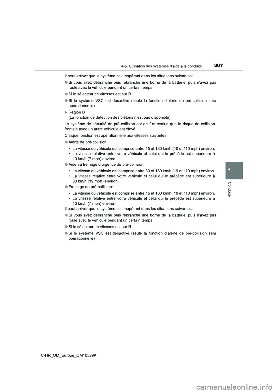 TOYOTA C-HR 2016  Manuel du propriétaire (in French) 3074-5. Utilisation des systèmes d’aide à la conduite
4
Conduite
C-HR_OM_Europe_OM10529K 
Il peut arriver que le système soit inopérant dans les situations suivantes: 
● Si vous avez débranch