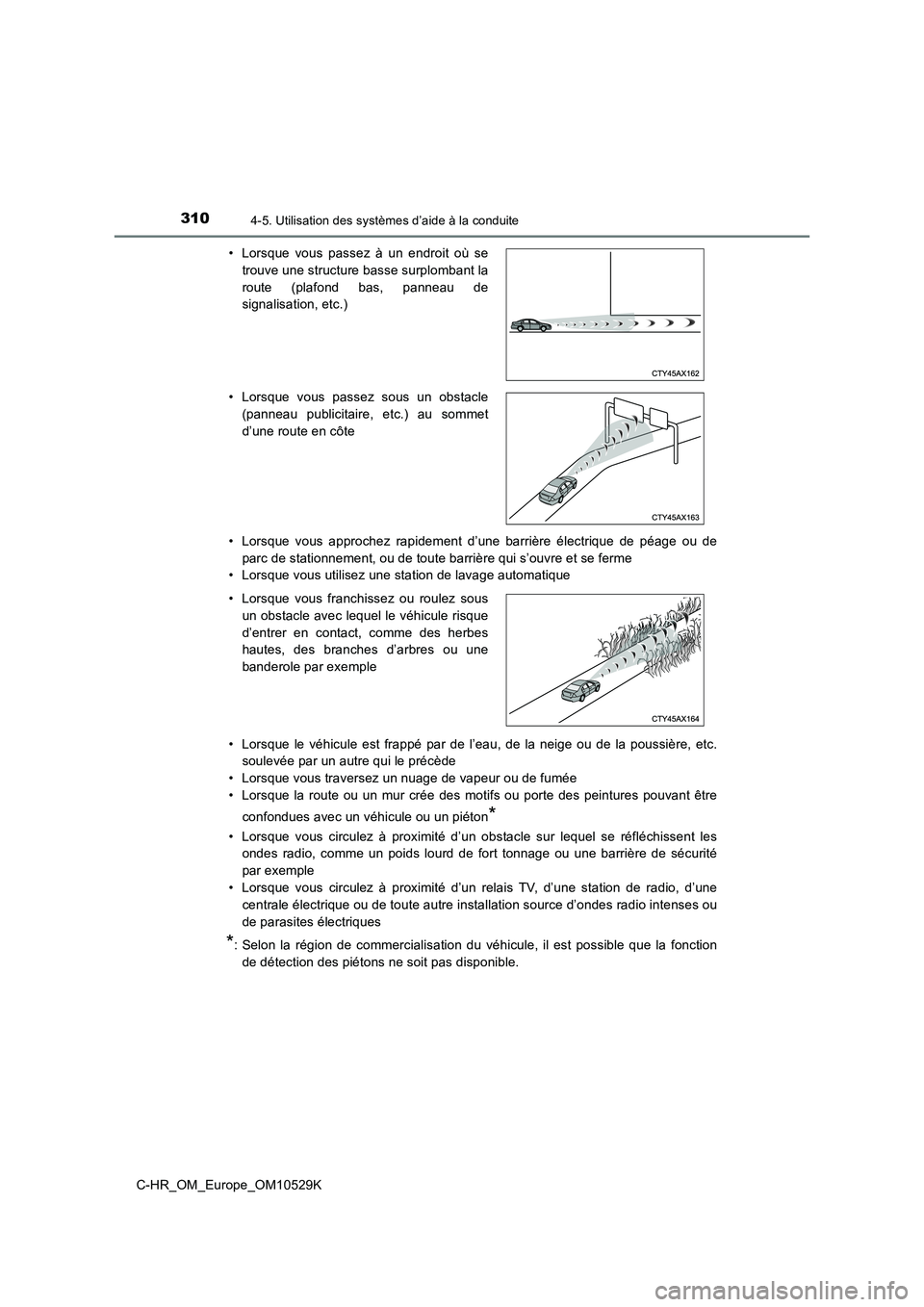 TOYOTA C-HR 2016  Manuel du propriétaire (in French) 3104-5. Utilisation des systèmes d’aide à la conduite
C-HR_OM_Europe_OM10529K 
• Lorsque vous approchez rapidement d’une barrière électrique de péage ou de 
parc de stationnement, ou de tou