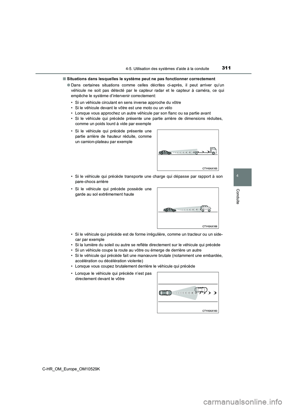 TOYOTA C-HR 2016  Manuel du propriétaire (in French) 3114-5. Utilisation des systèmes d’aide à la conduite
4
Conduite
C-HR_OM_Europe_OM10529K 
■ Situations dans lesquelles le système peut ne pas fonctionner correctement 
● Dans certaines situat