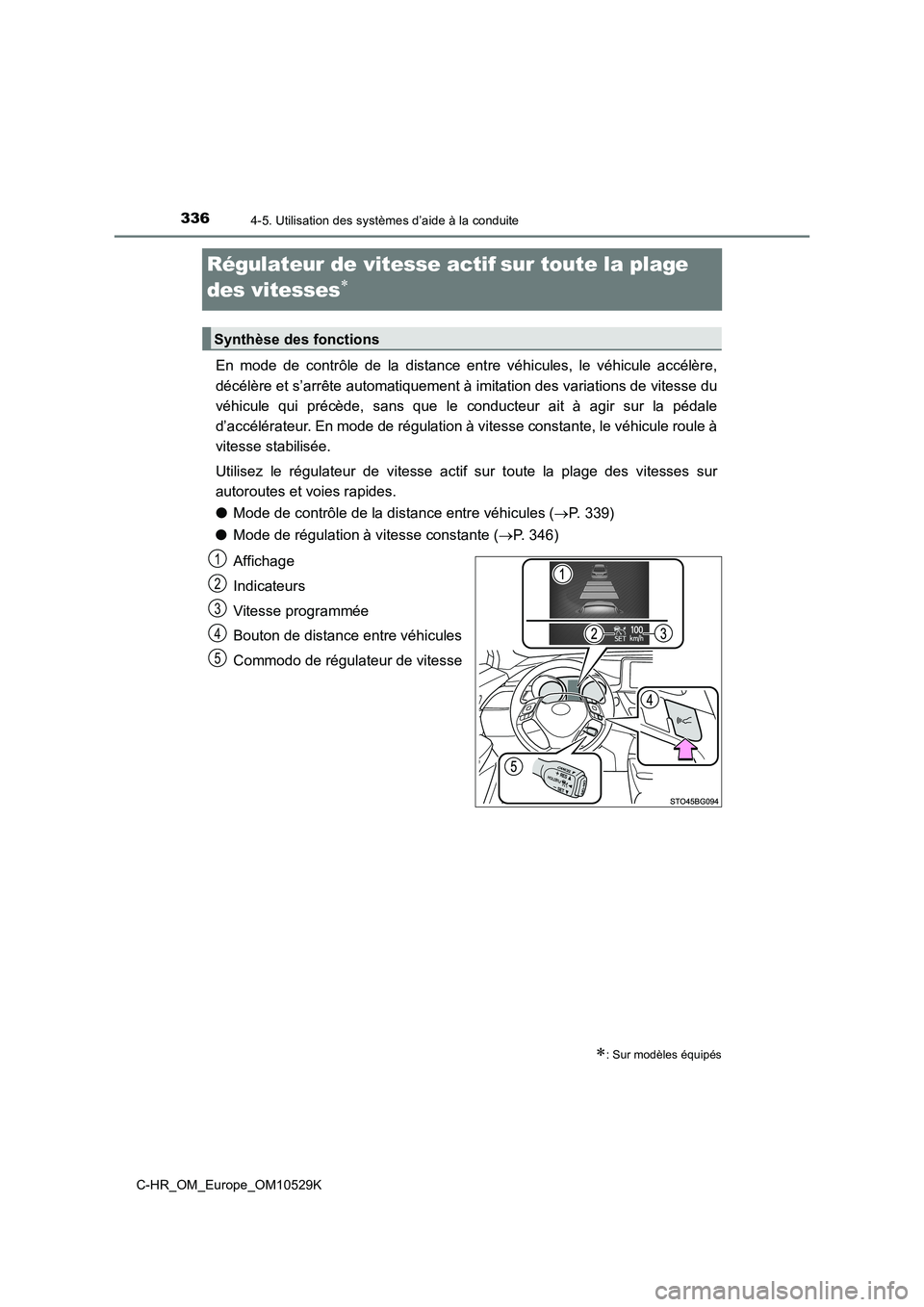 TOYOTA C-HR 2016  Manuel du propriétaire (in French) 3364-5. Utilisation des systèmes d’aide à la conduite
C-HR_OM_Europe_OM10529K
Régulateur de vitesse actifsur toute la plage  
des vitesses
En mode de contrôle de la distance entre véhi